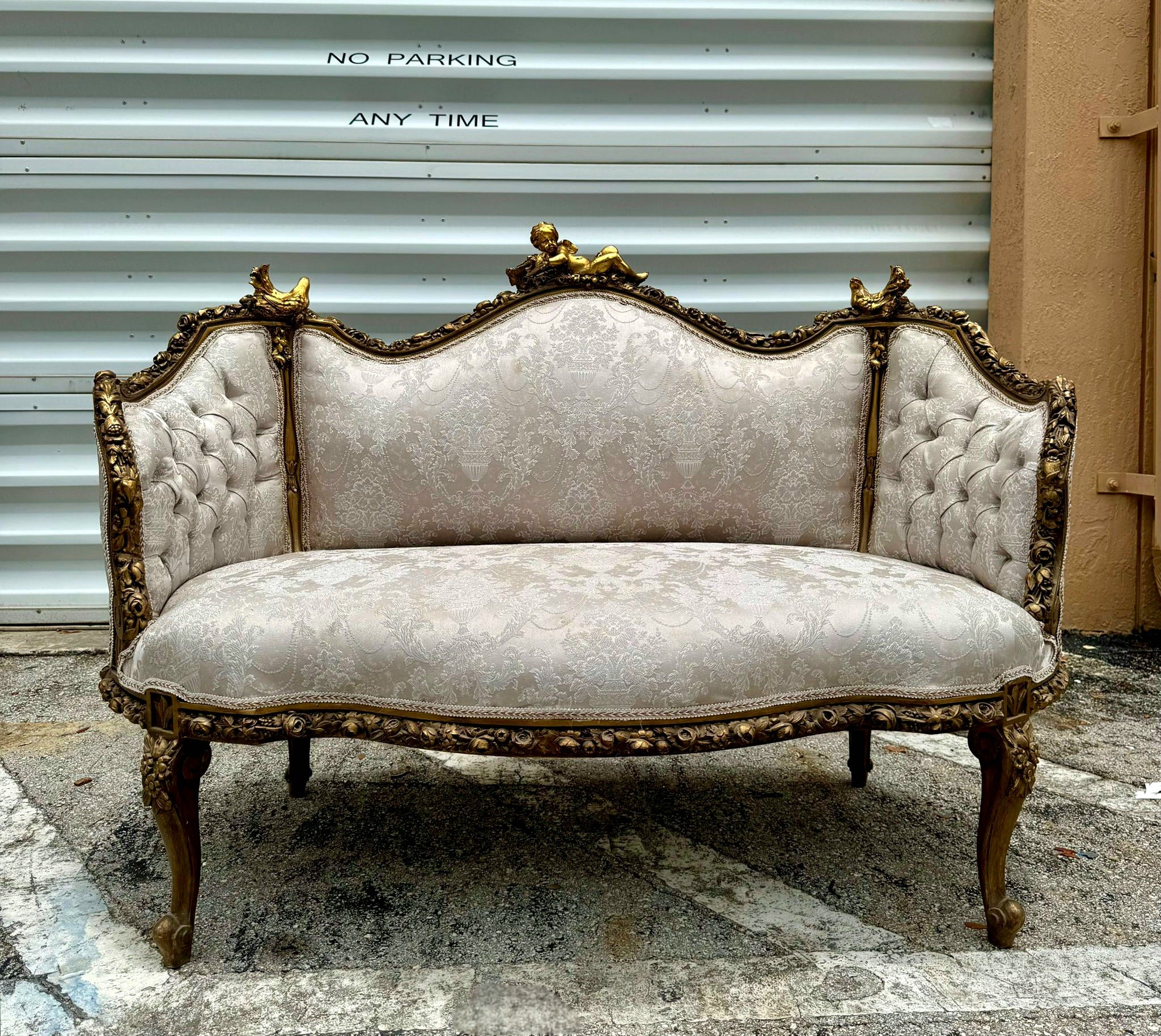 French Baroque Style Tan Beige Sofa Gold details