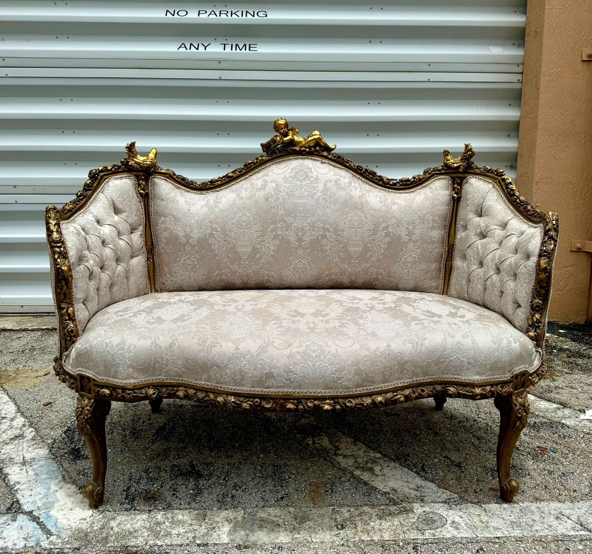 French Baroque Style Tan Beige Sofa Gold details