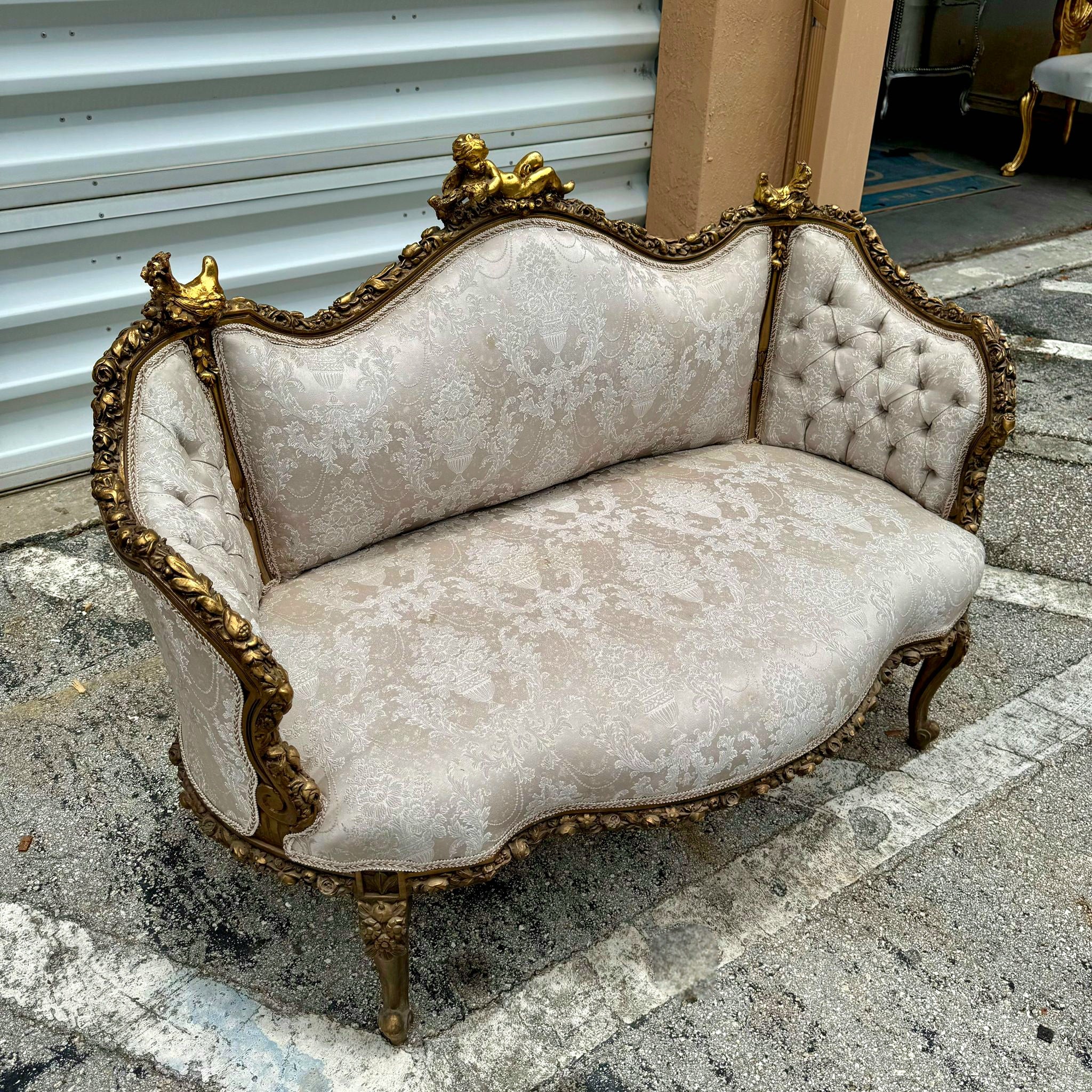 French Baroque Style Tan Beige Sofa Gold details