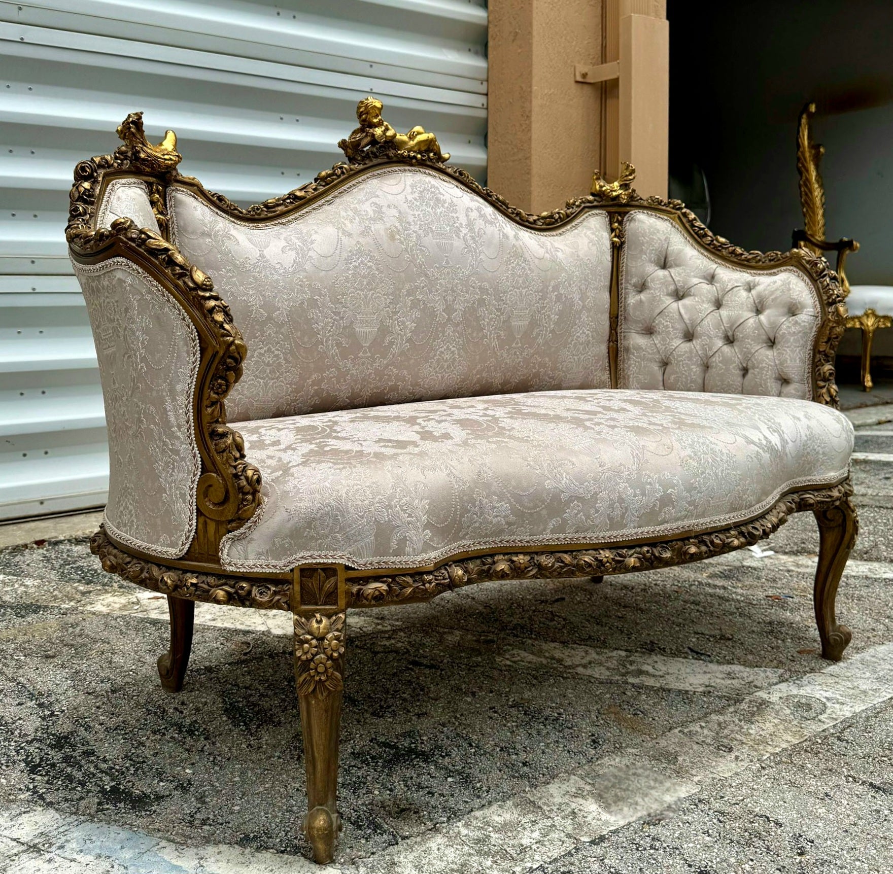 French Baroque Style Tan Beige Sofa Gold details
