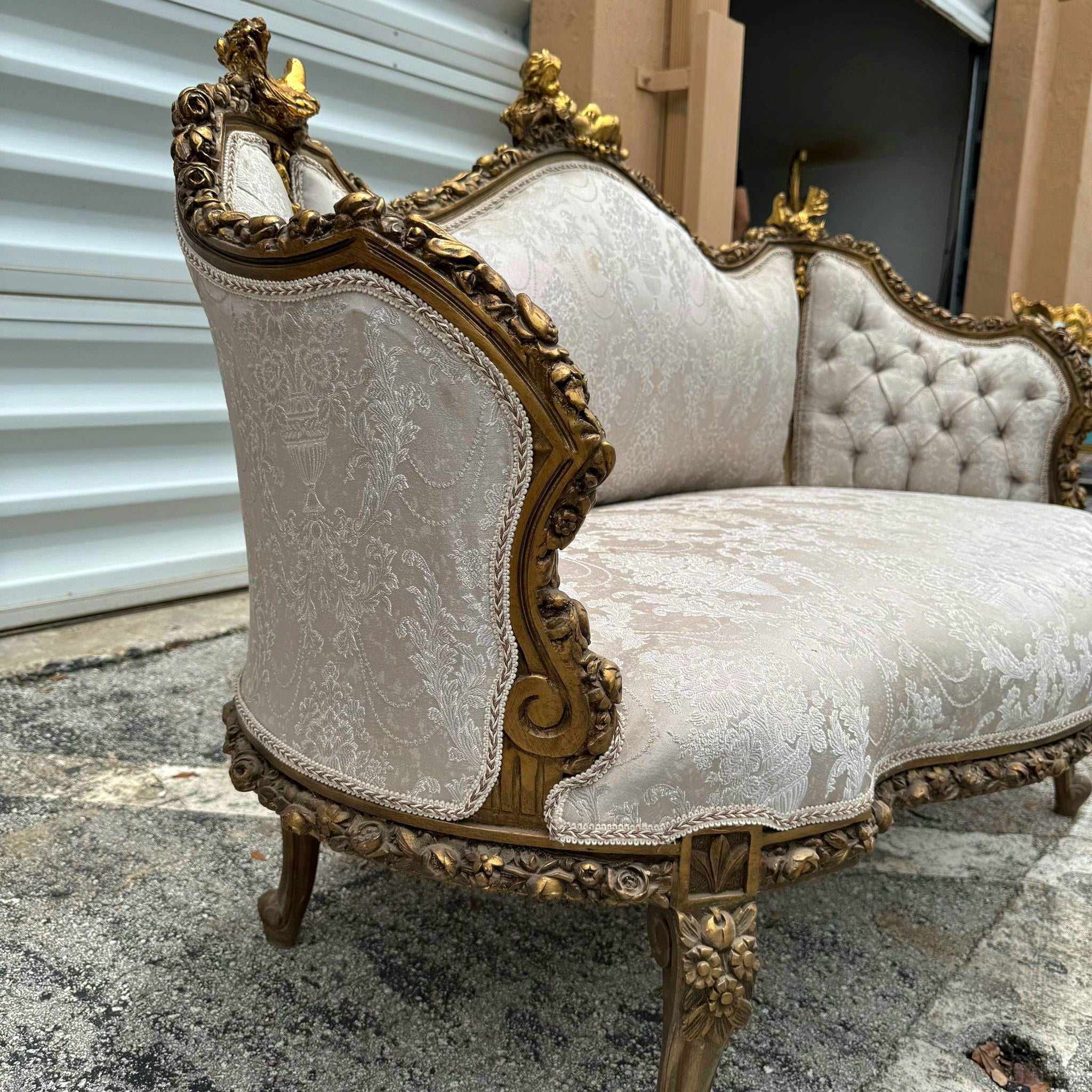 French Baroque Style Tan Beige Sofa Gold details