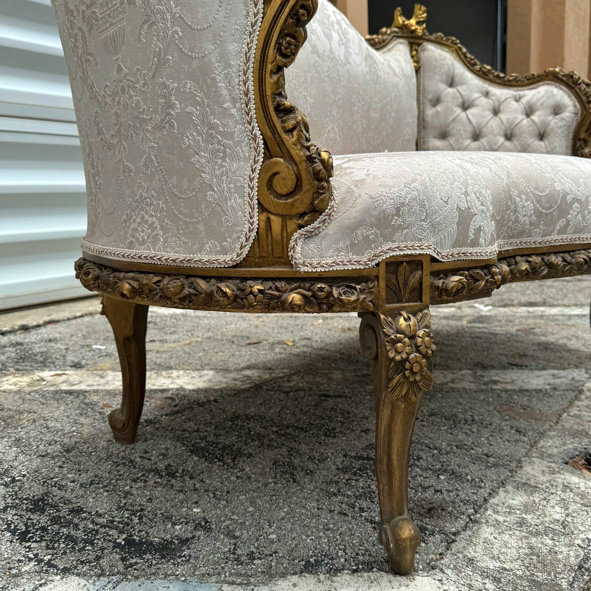 French Baroque Style Tan Beige Sofa Gold details