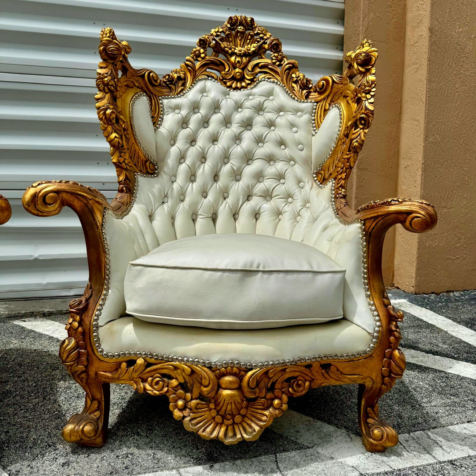 Baroque Style King Size Off-White Leather Chair with Gold Leaf Frame Details