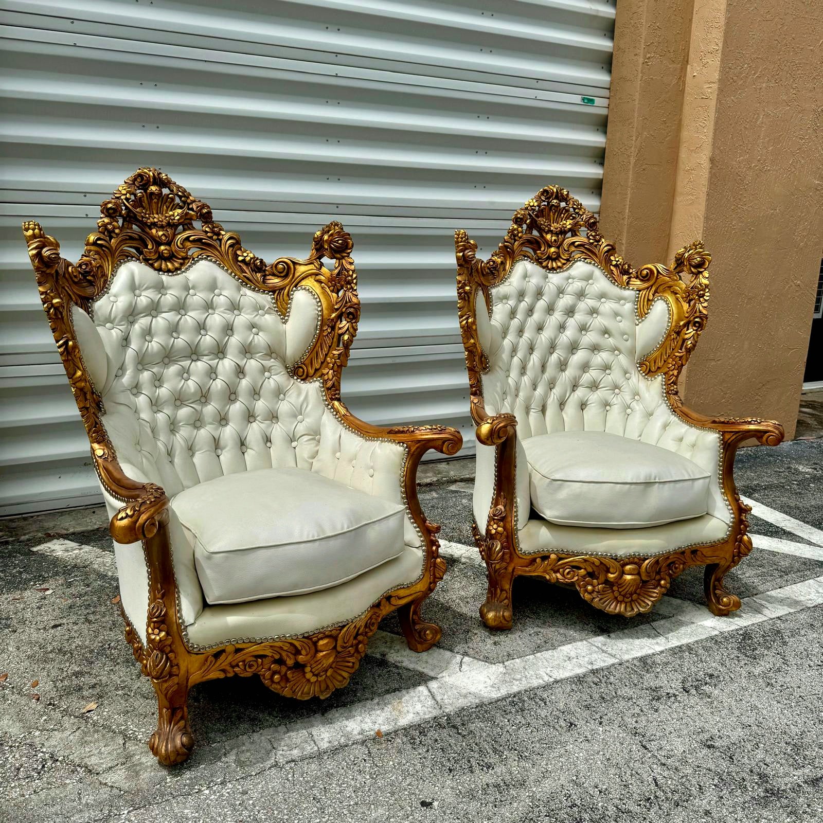 Baroque Style King Size Off-White Leather Chair with Gold Leaf Frame Details