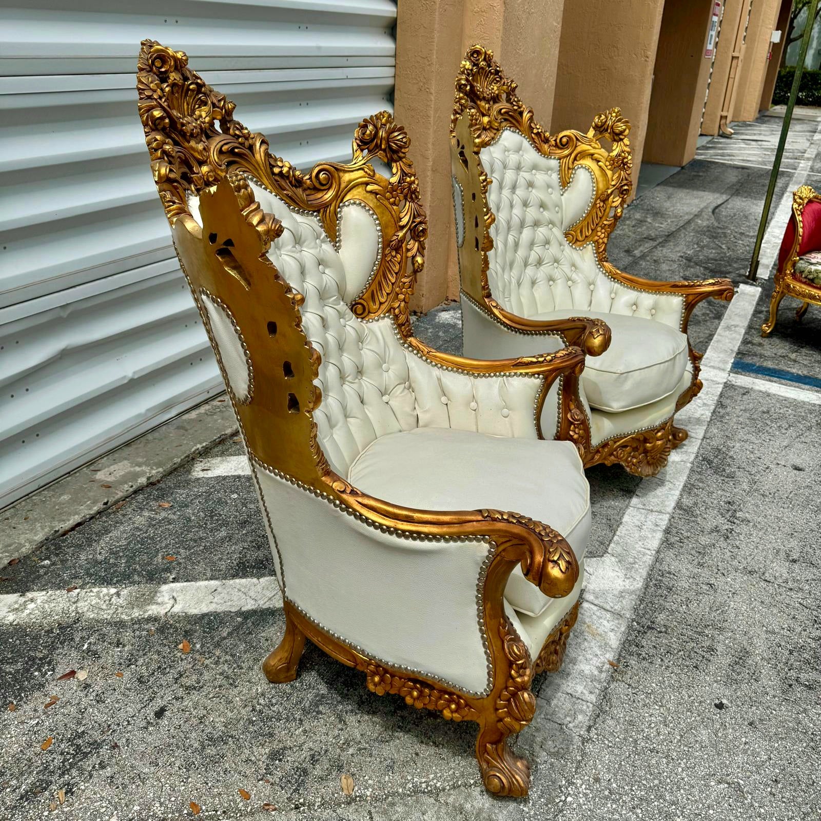Baroque Style King Size Off-White Leather Chair with Gold Leaf Frame Details