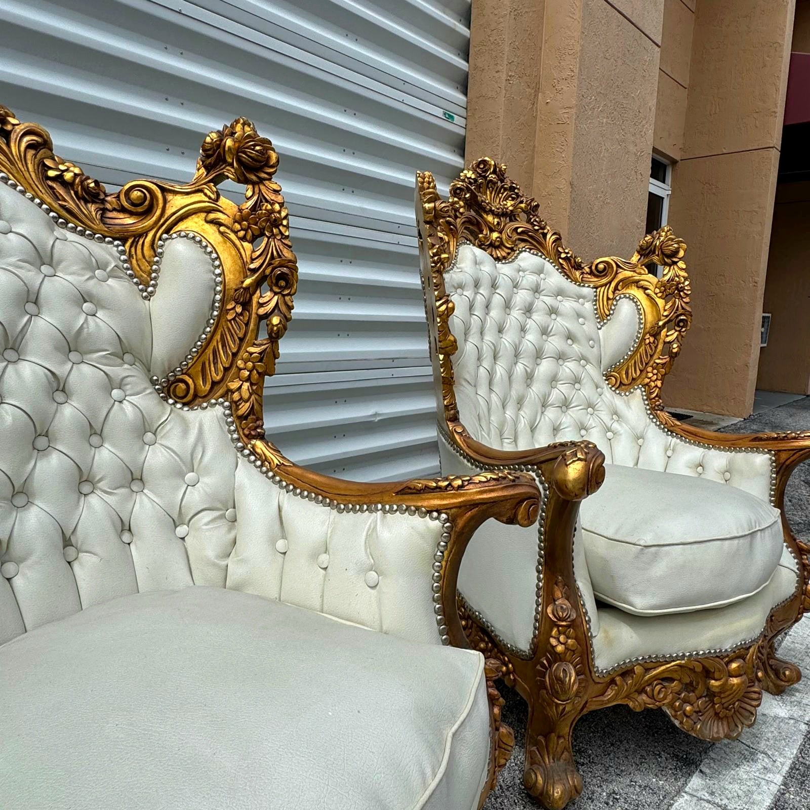 Baroque Style King Size Off-White Leather Chair with Gold Leaf Frame Details