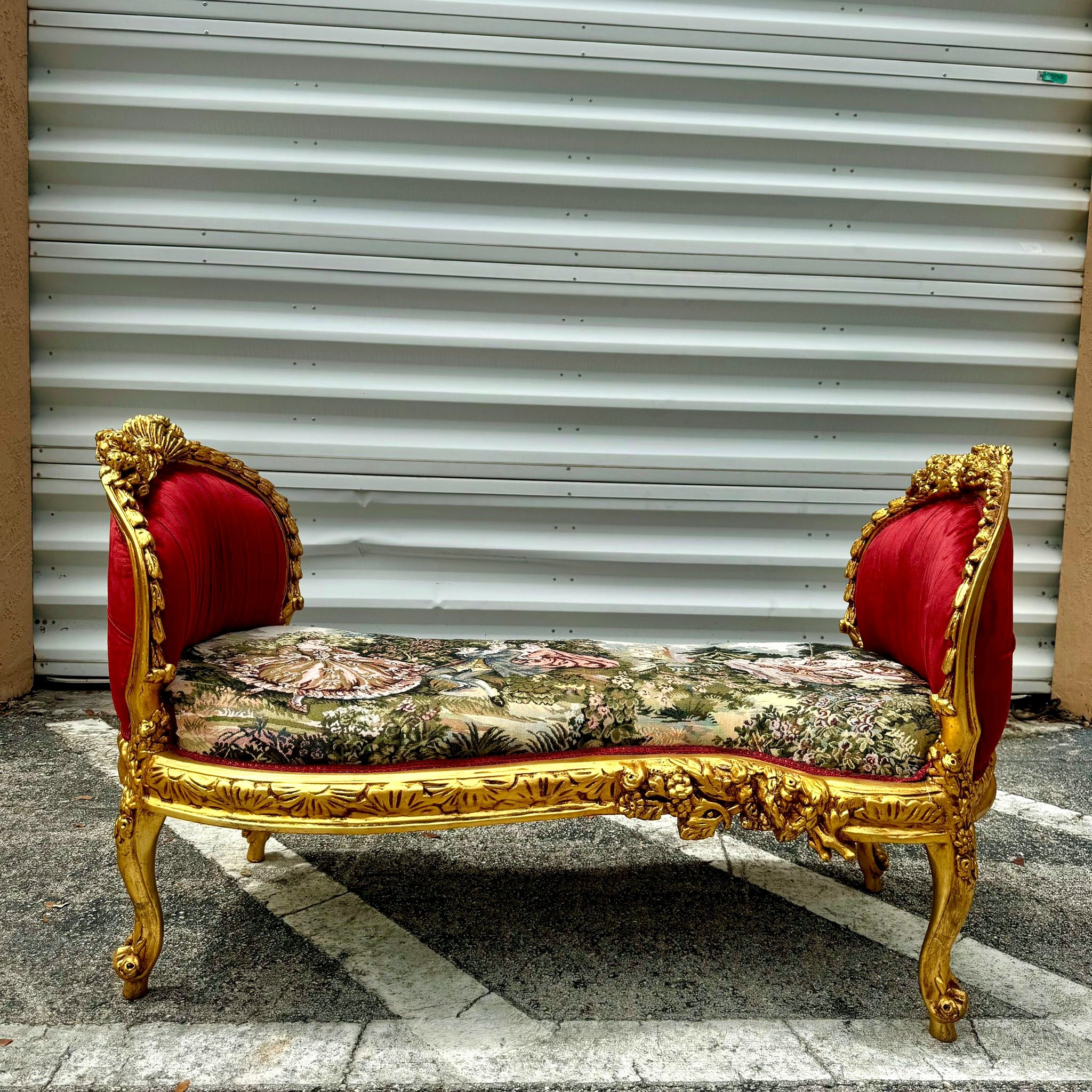 Red Velvet Tufted French Marquis Bench with Artistic Fabric Accents