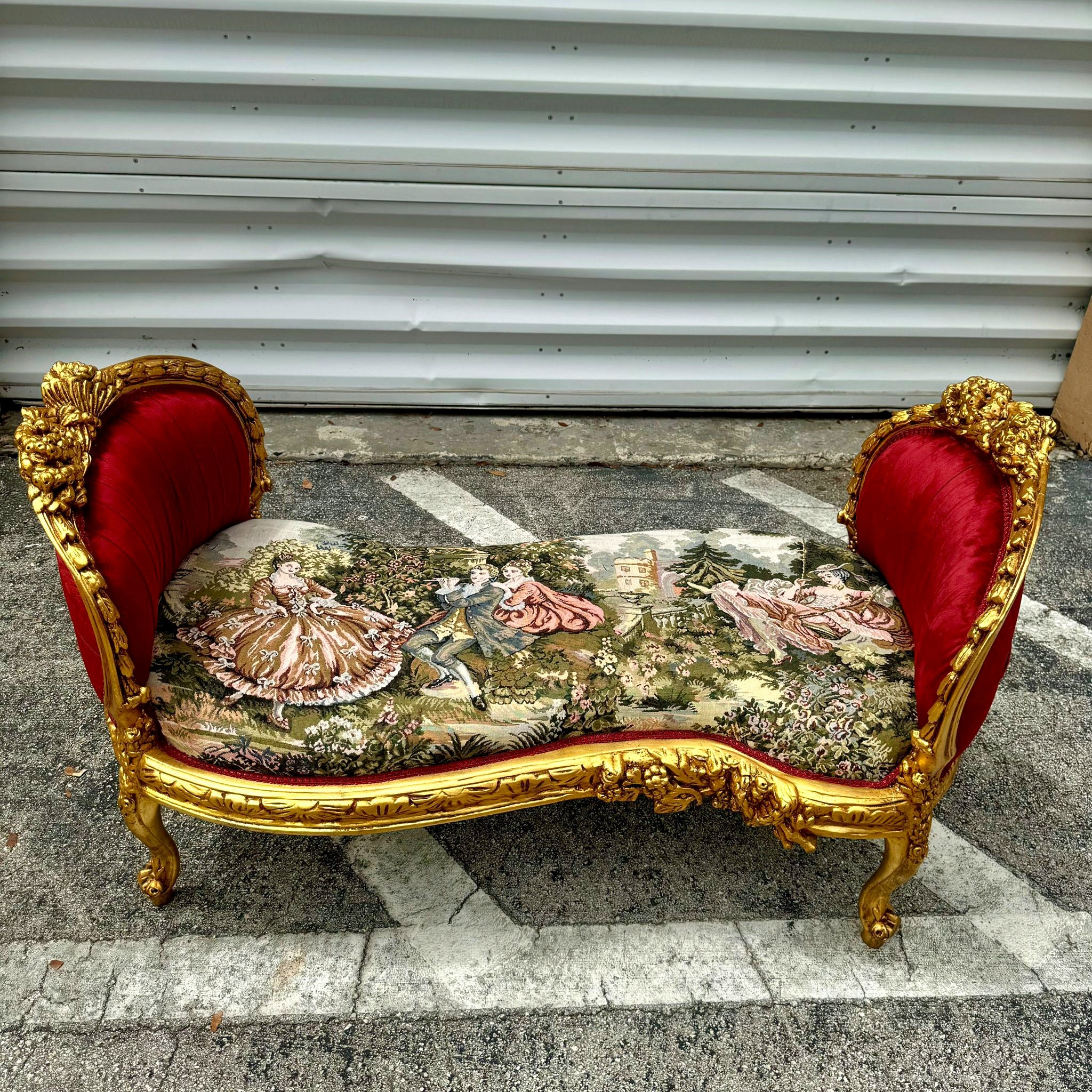 Red Velvet Tufted French Marquis Bench with Artistic Fabric Accents