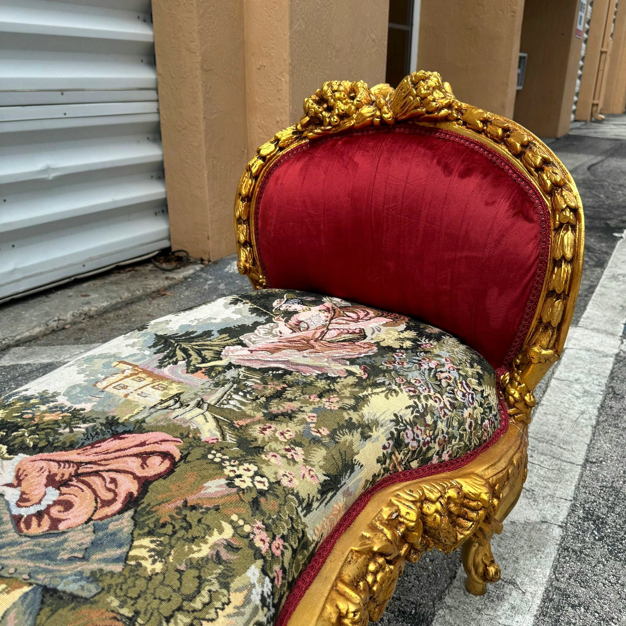 Red Velvet Tufted French Marquis Bench with Artistic Fabric Accents