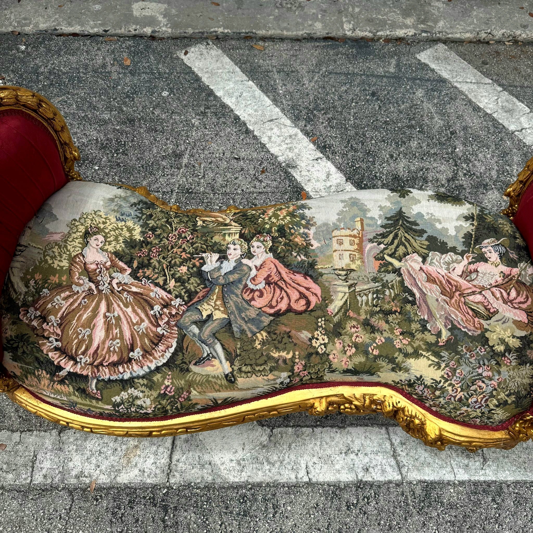 Red Velvet Tufted French Marquis Bench with Artistic Fabric Accents