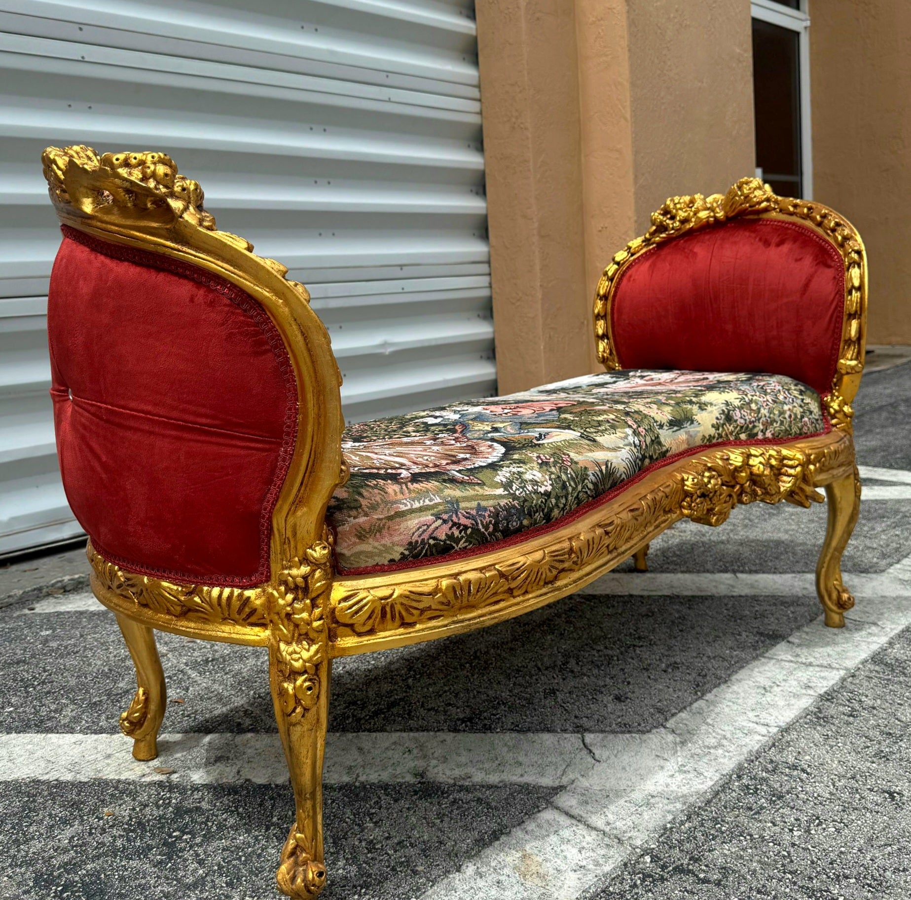Red Velvet Tufted French Marquis Bench with Artistic Fabric Accents