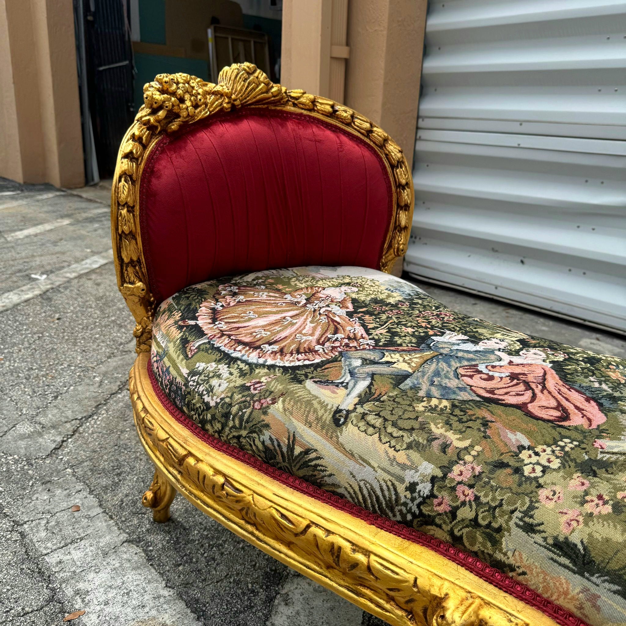Red Velvet Tufted French Marquis Bench with Artistic Fabric Accents