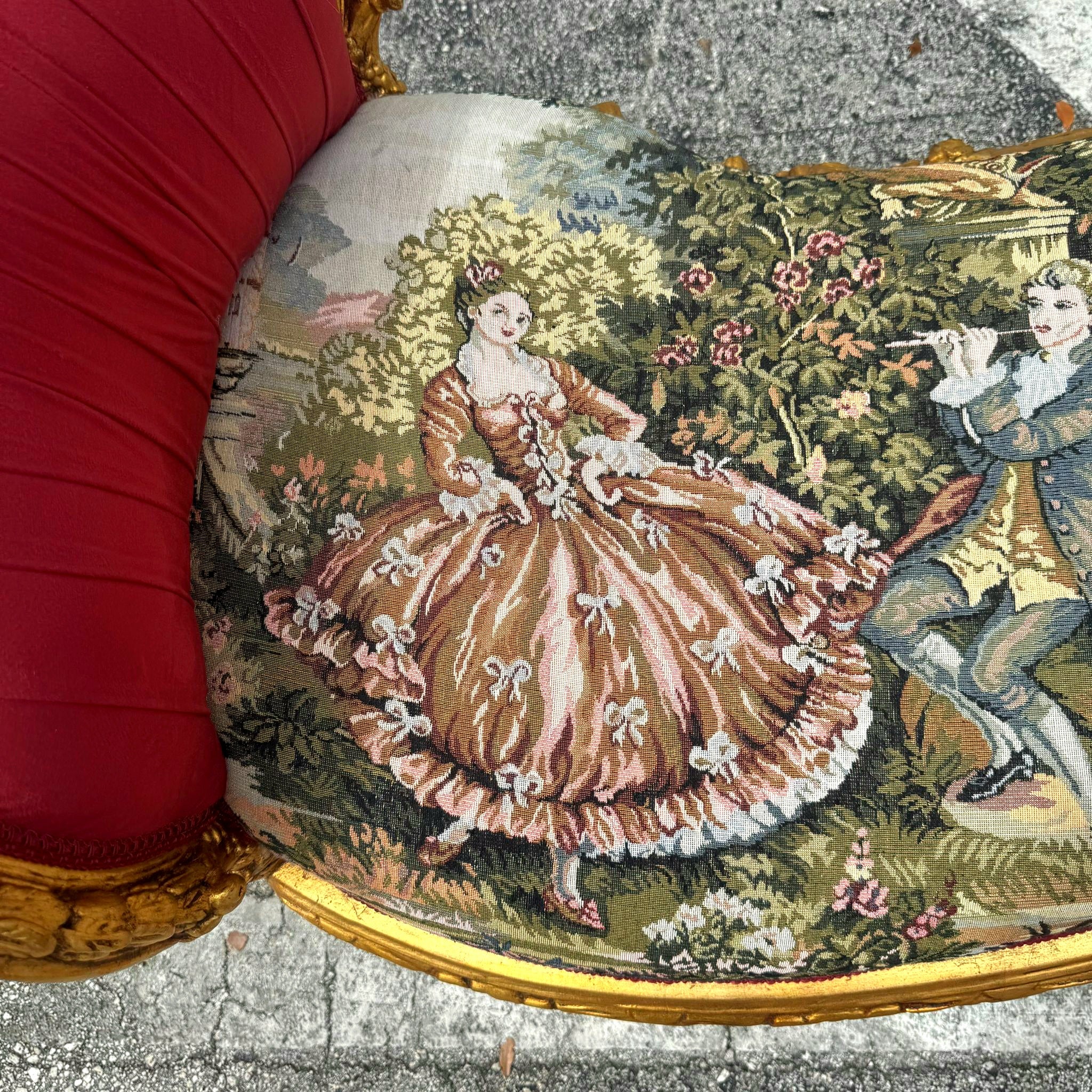 Red Velvet Tufted French Marquis Bench with Artistic Fabric Accents