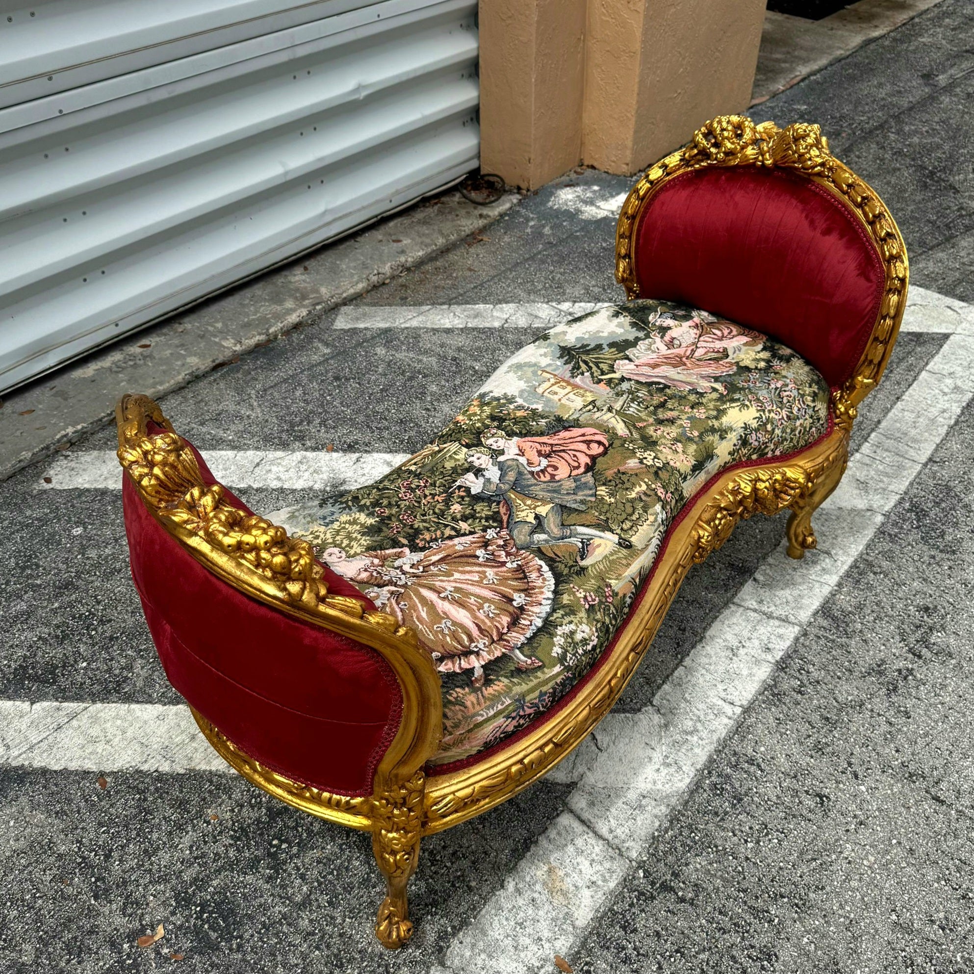 Red Velvet Tufted French Marquis Bench with Artistic Fabric Accents