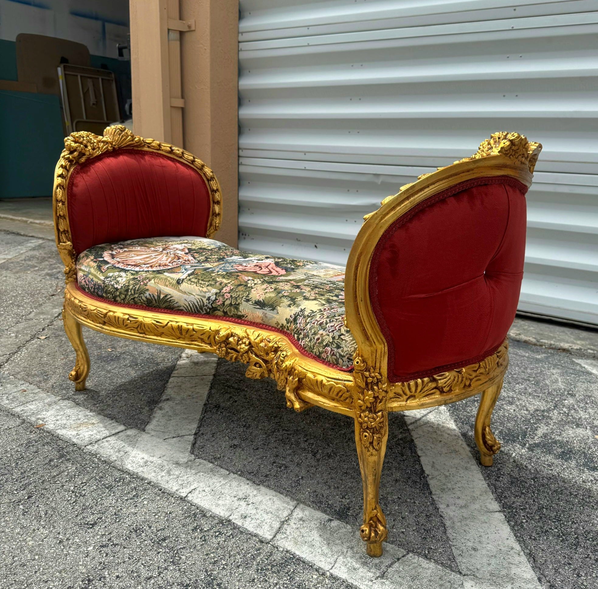 Red Velvet Tufted French Marquis Bench with Artistic Fabric Accents