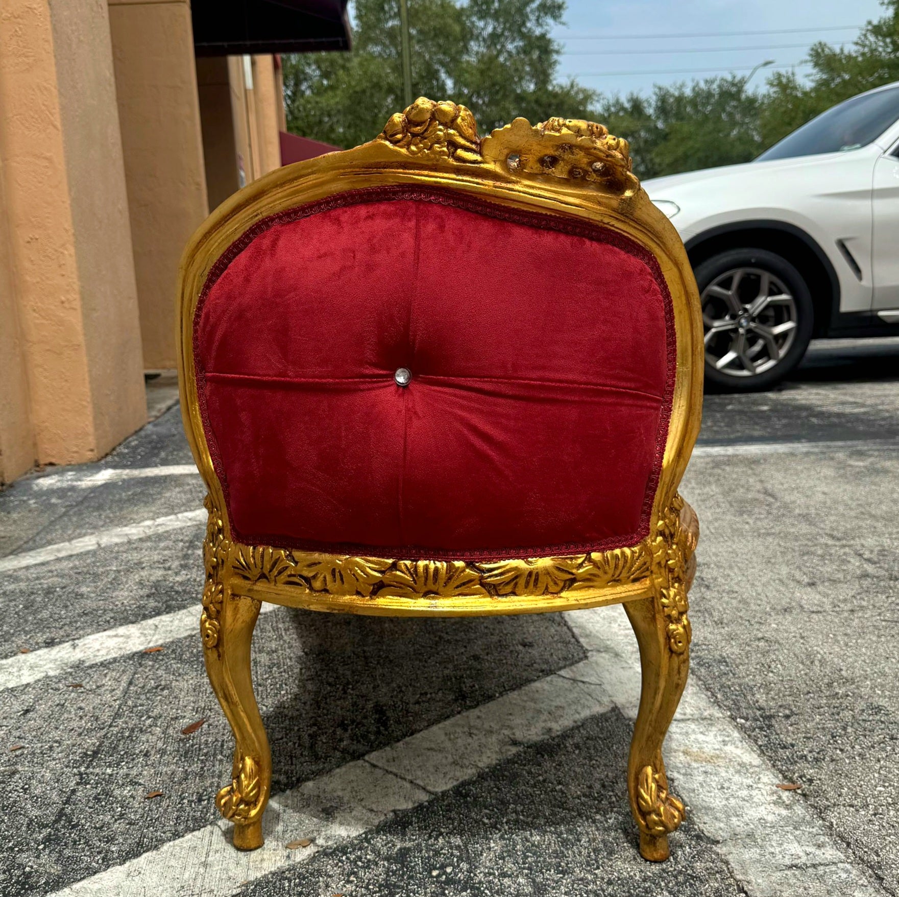 Red Velvet Tufted French Marquis Bench with Artistic Fabric Accents