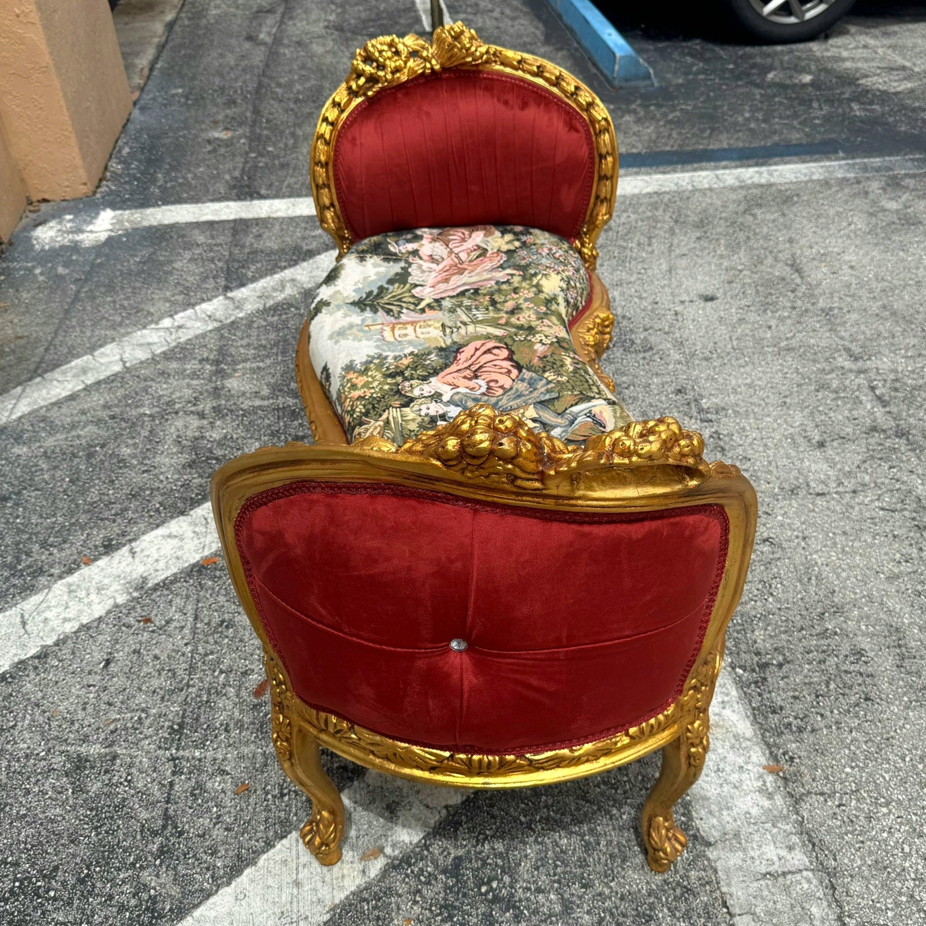 Red Velvet Tufted French Marquis Bench with Artistic Fabric Accents