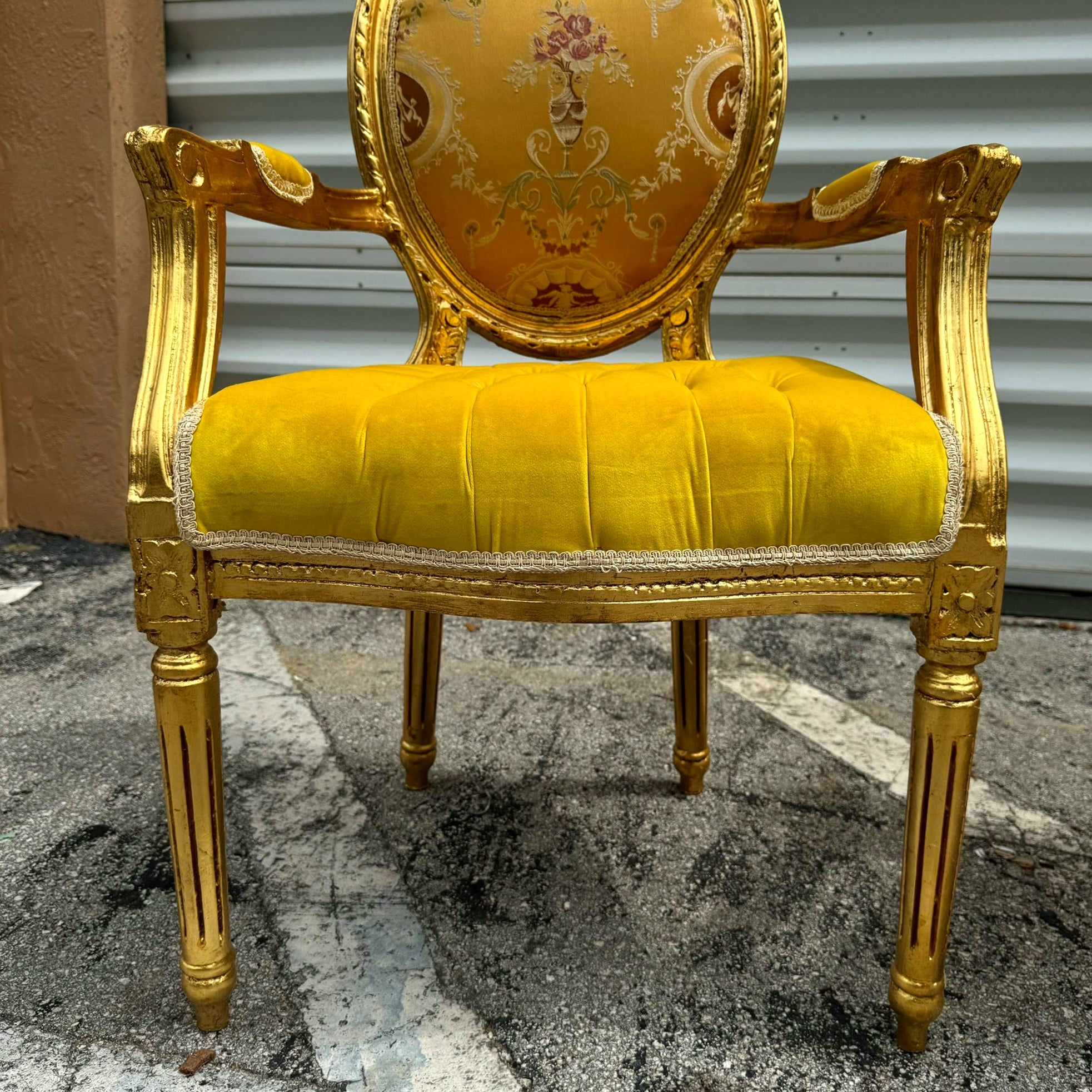 French Style Yellow Velvet Chair with Gold Details Rococo Baroque
