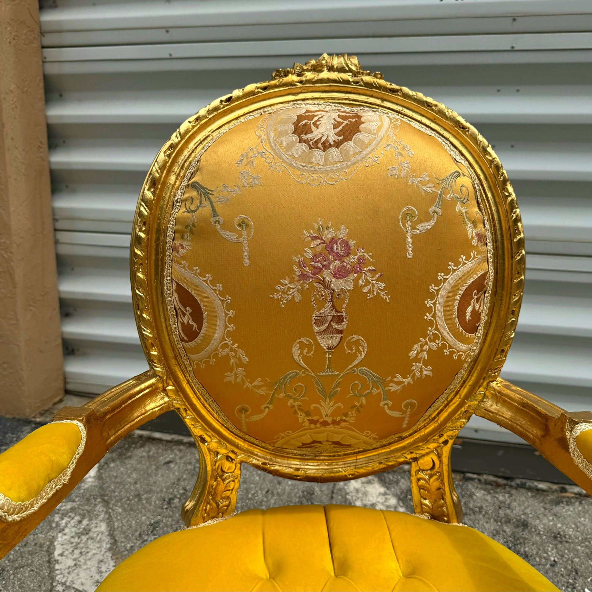 French Style Yellow Velvet Chair with Gold Details Rococo Baroque