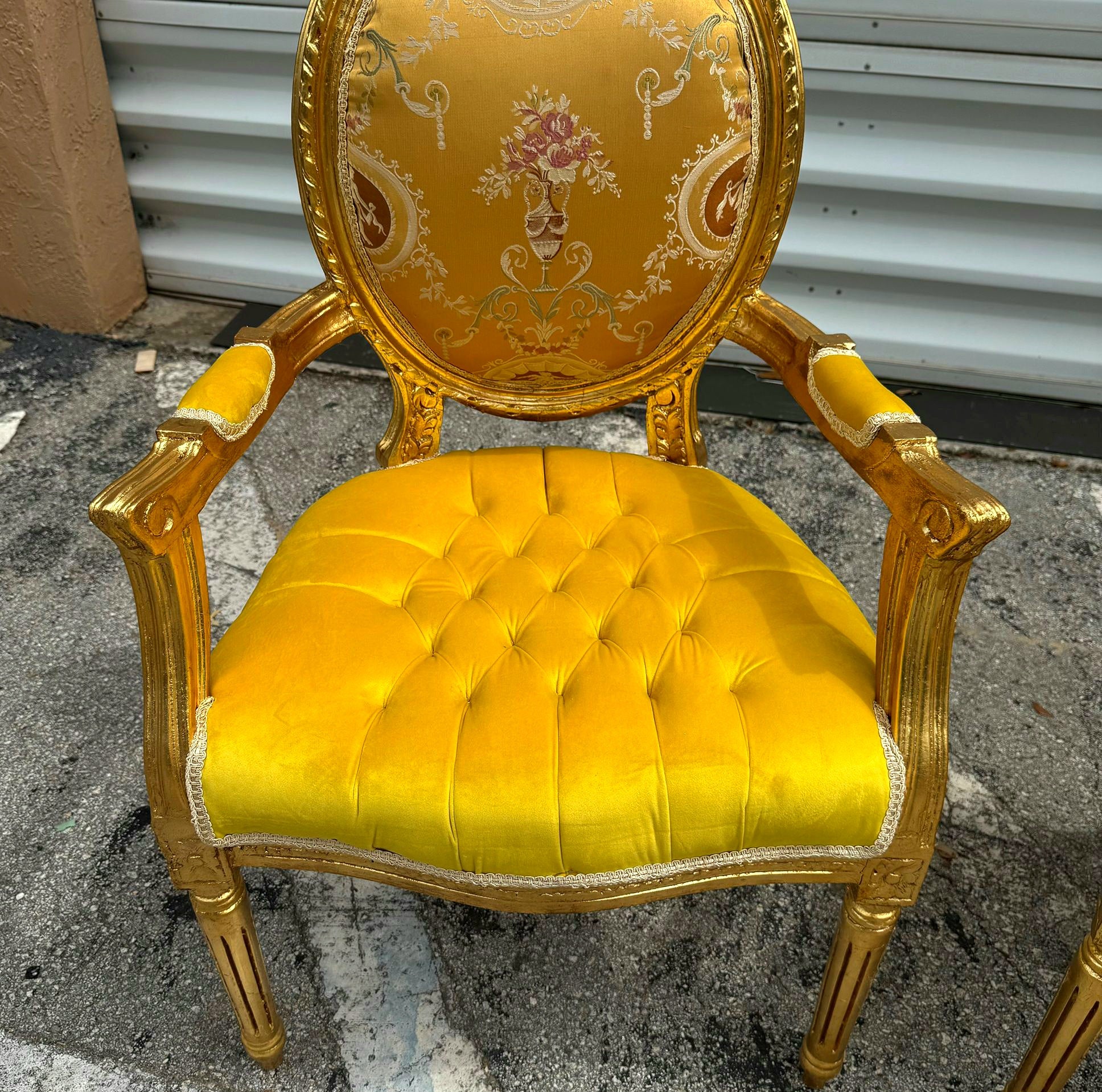 French Style Yellow Velvet Chair with Gold Details Rococo Baroque