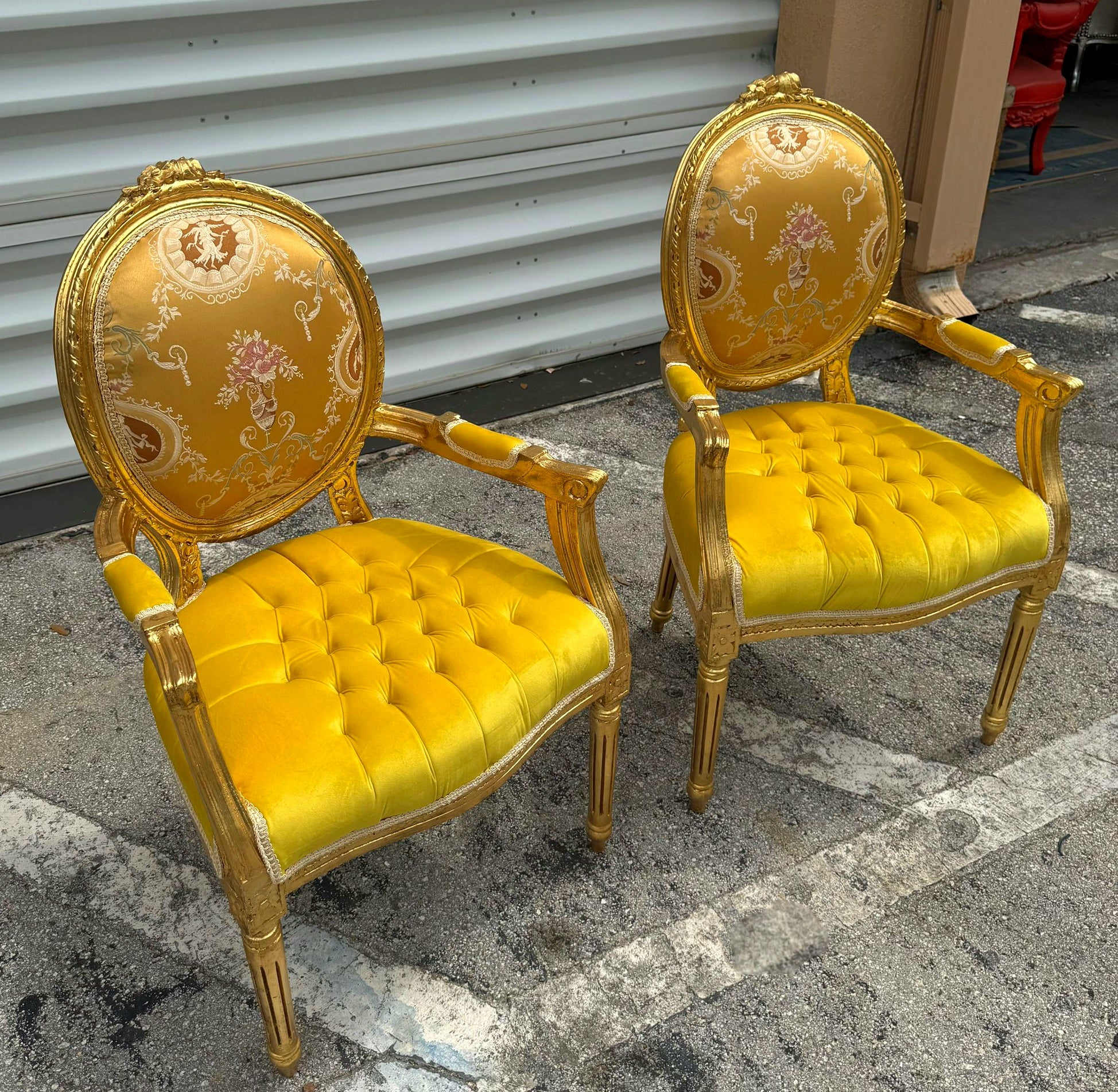 French Style Yellow Velvet Chair with Gold Details Rococo Baroque