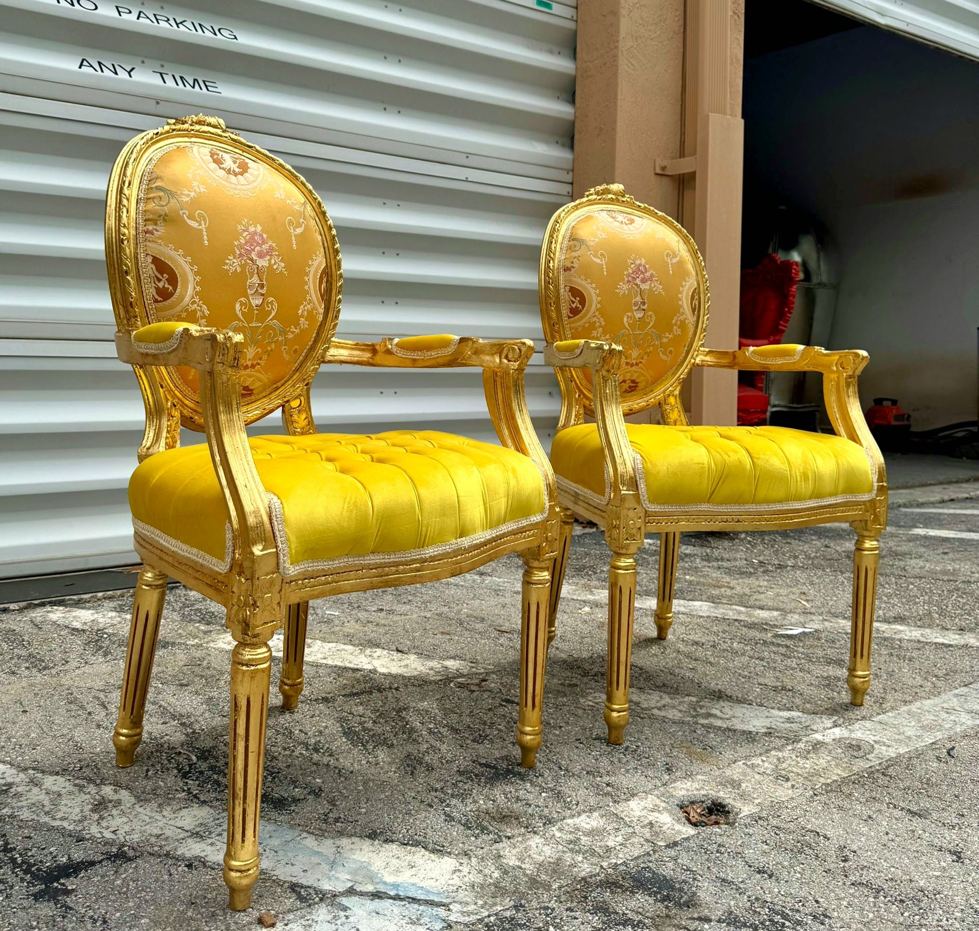 French Style Yellow Velvet Chair with Gold Details Rococo Baroque