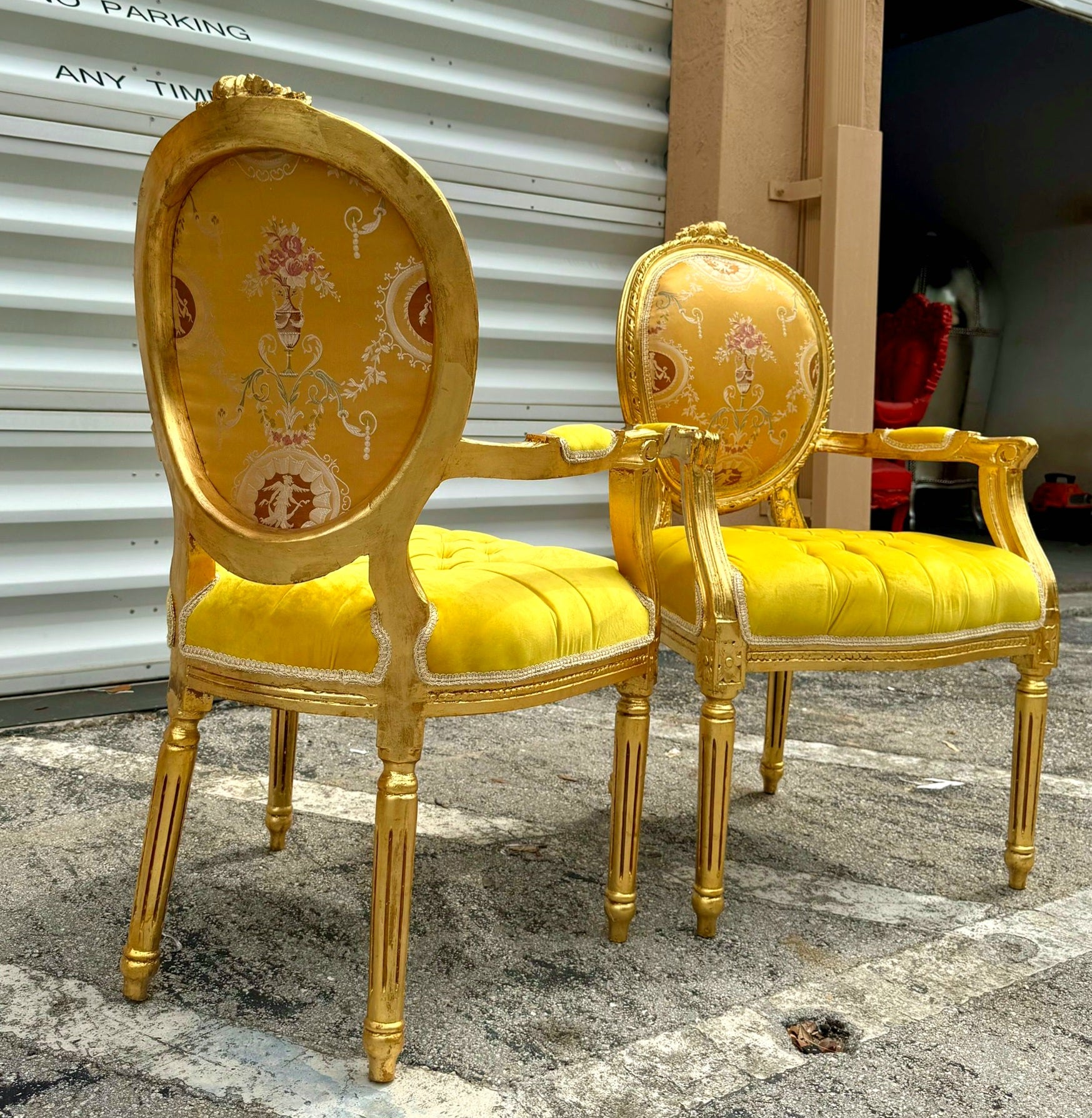 French Style Yellow Velvet Chair with Gold Details Rococo Baroque