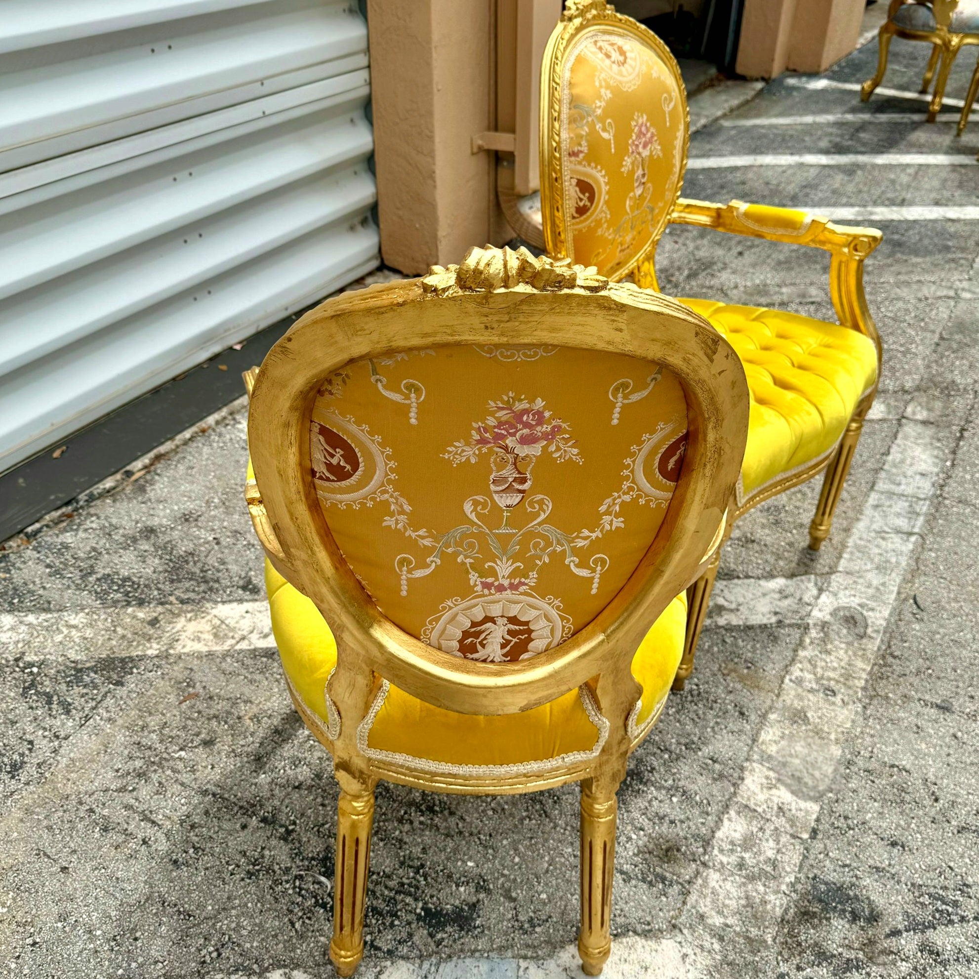 French Style Yellow Velvet Chair with Gold Details Rococo Baroque