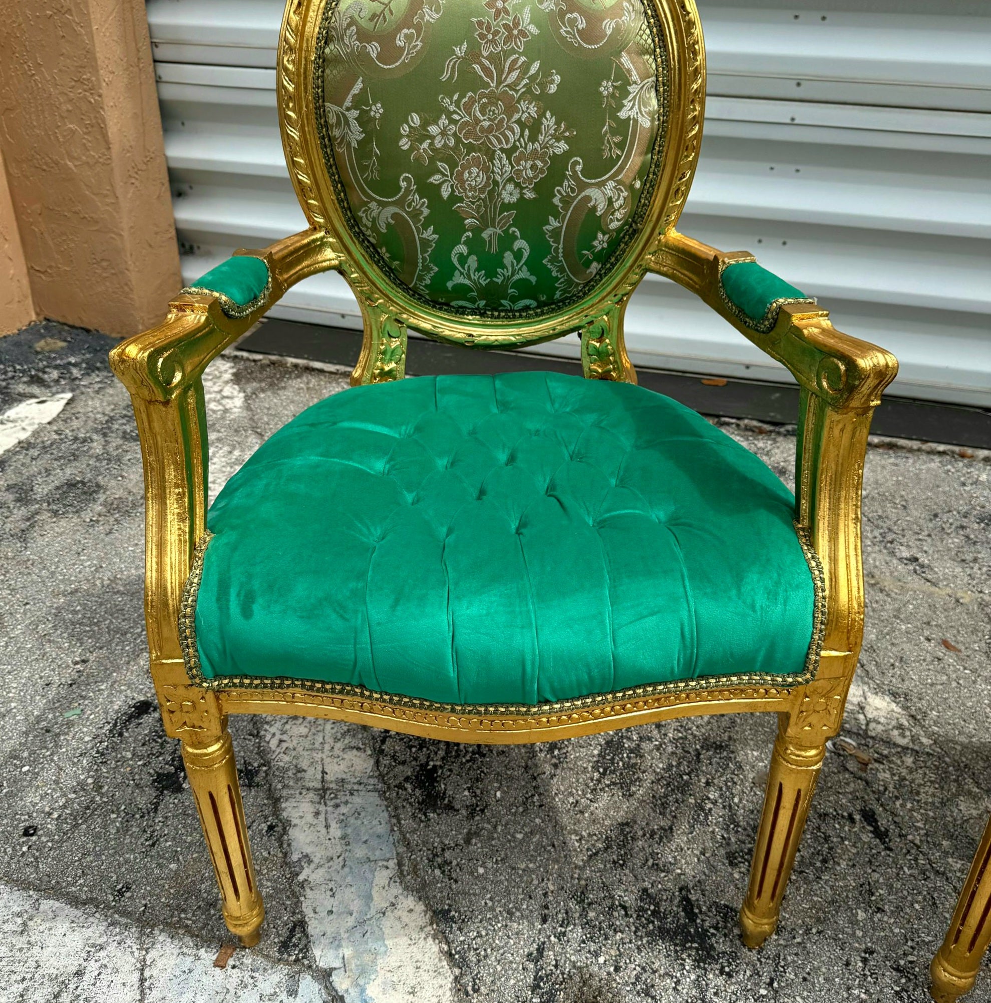 French Style Green Velvet Chair with Gold Details Rococo Baroque