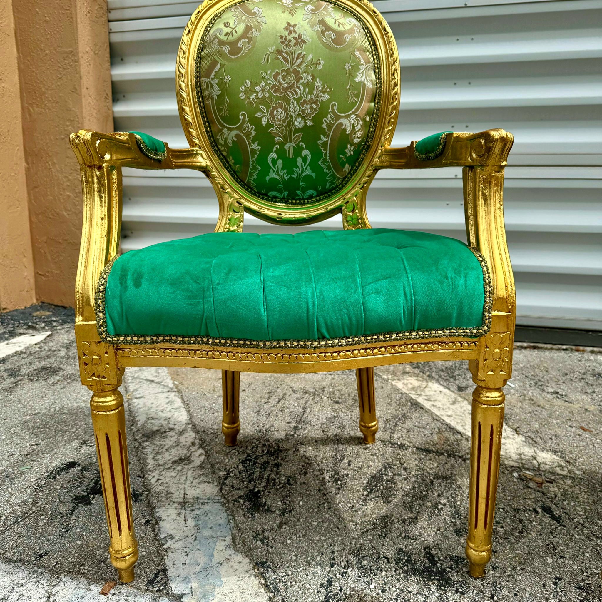 French Style Green Velvet Chair with Gold Details Rococo Baroque