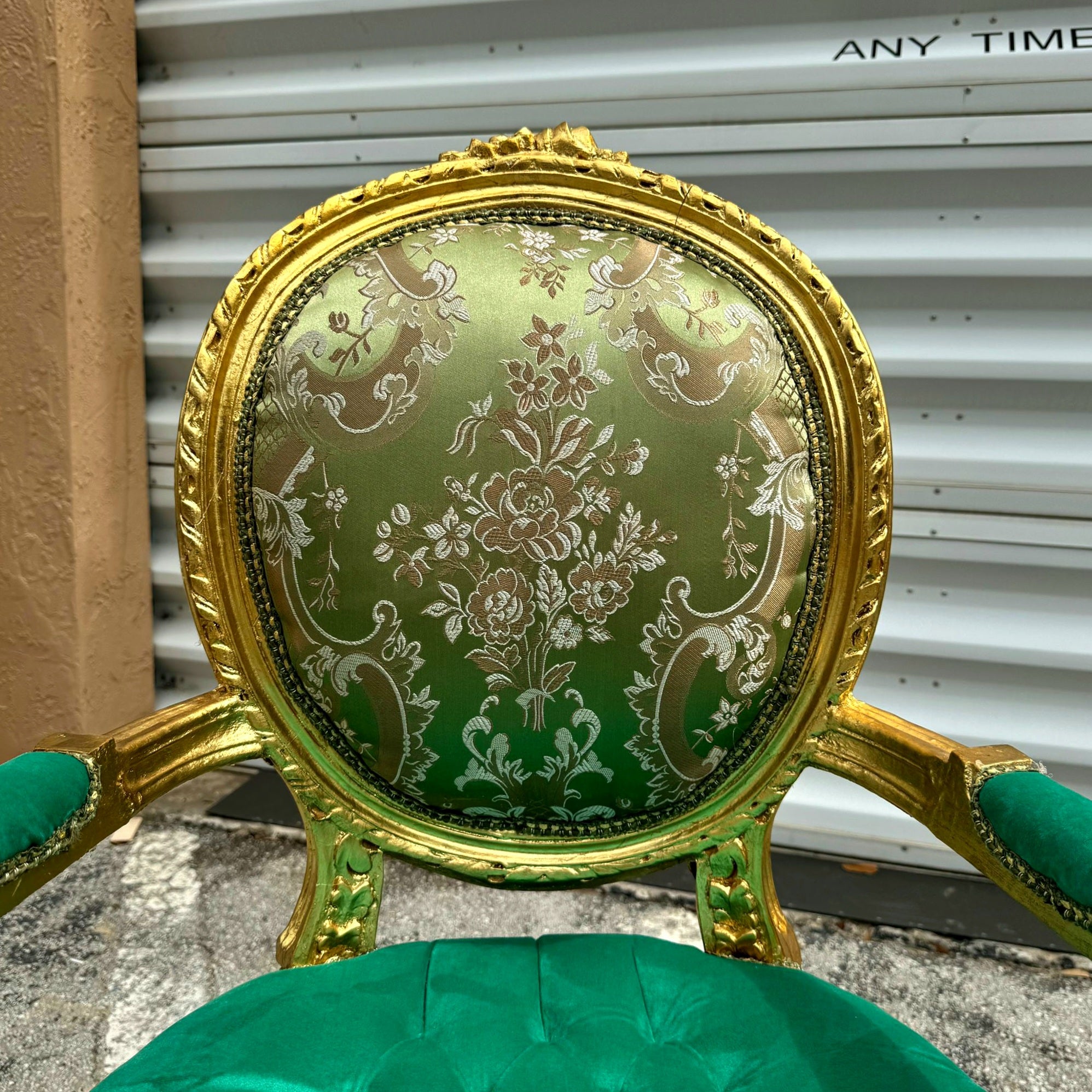French Style Green Velvet Chair with Gold Details Rococo Baroque
