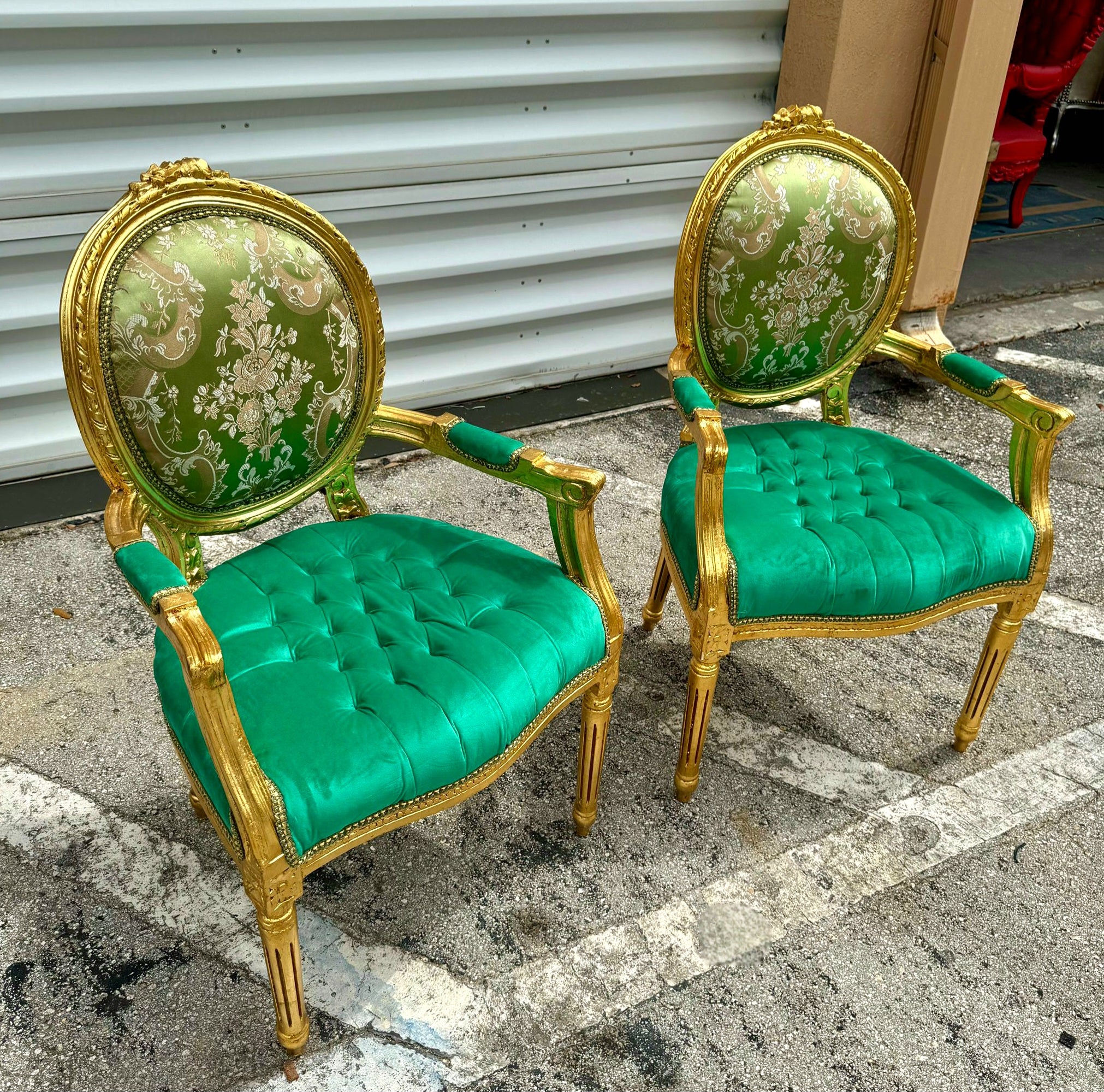 French Style Green Velvet Chair with Gold Details Rococo Baroque