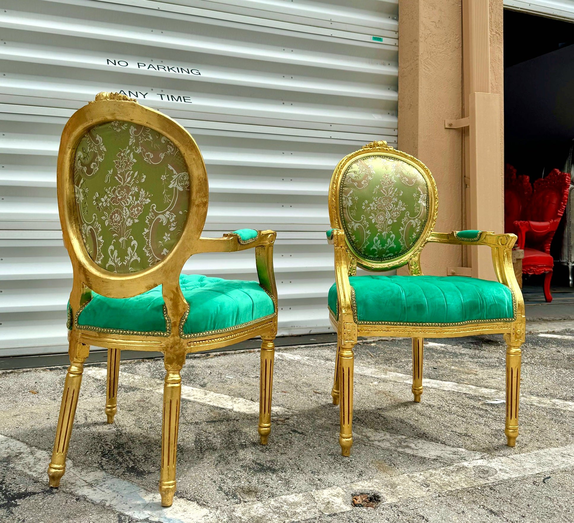 French Style Green Velvet Chair with Gold Details Rococo Baroque