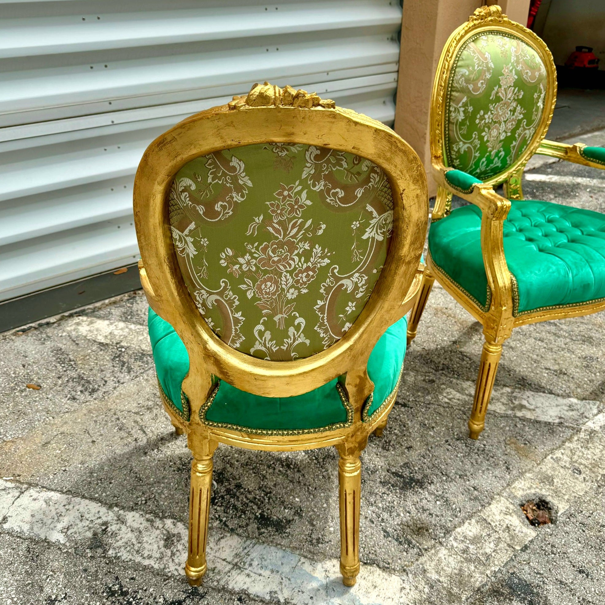 French Style Green Velvet Chair with Gold Details Rococo Baroque