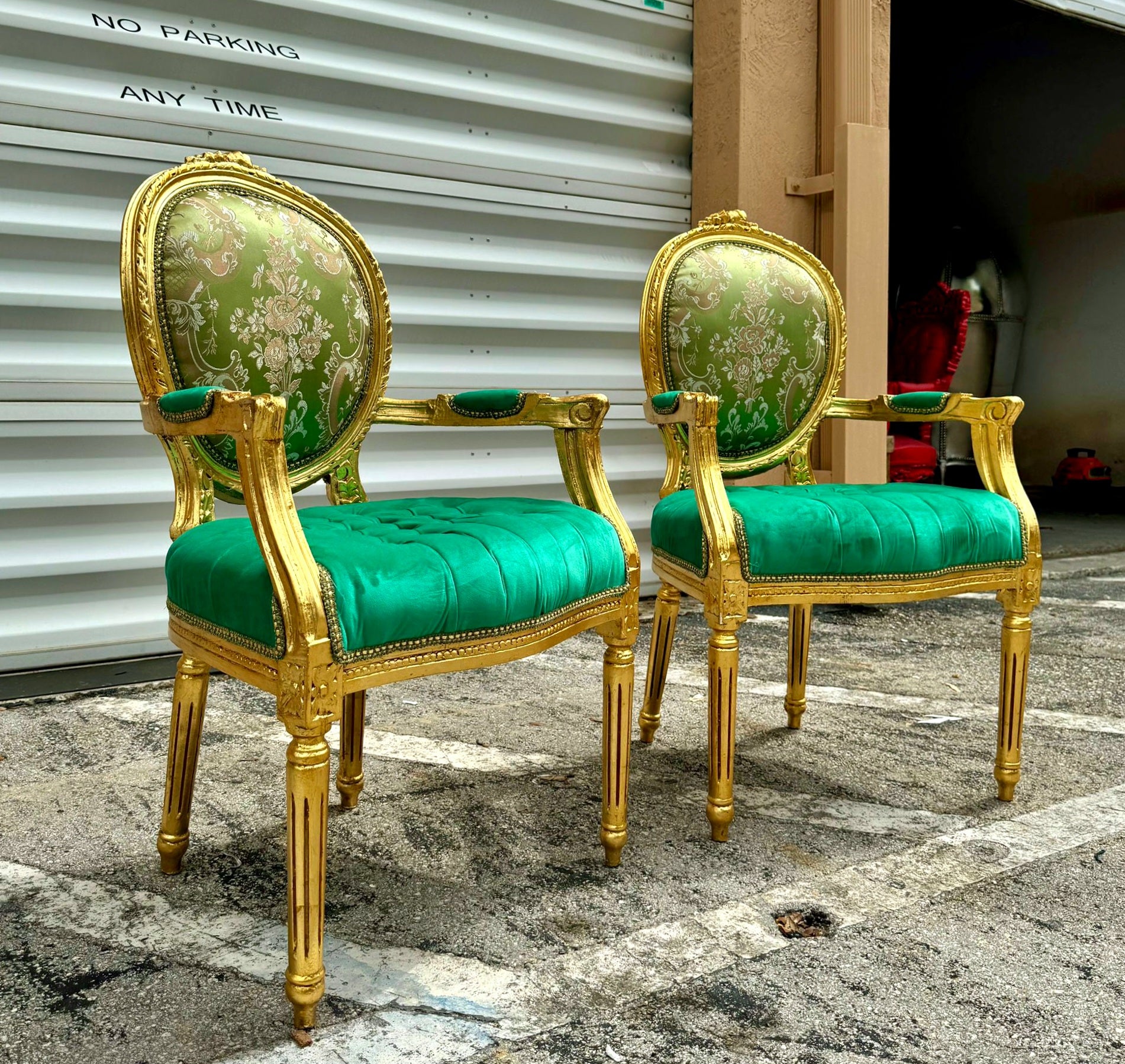 French Style Green Velvet Chair with Gold Details Rococo Baroque