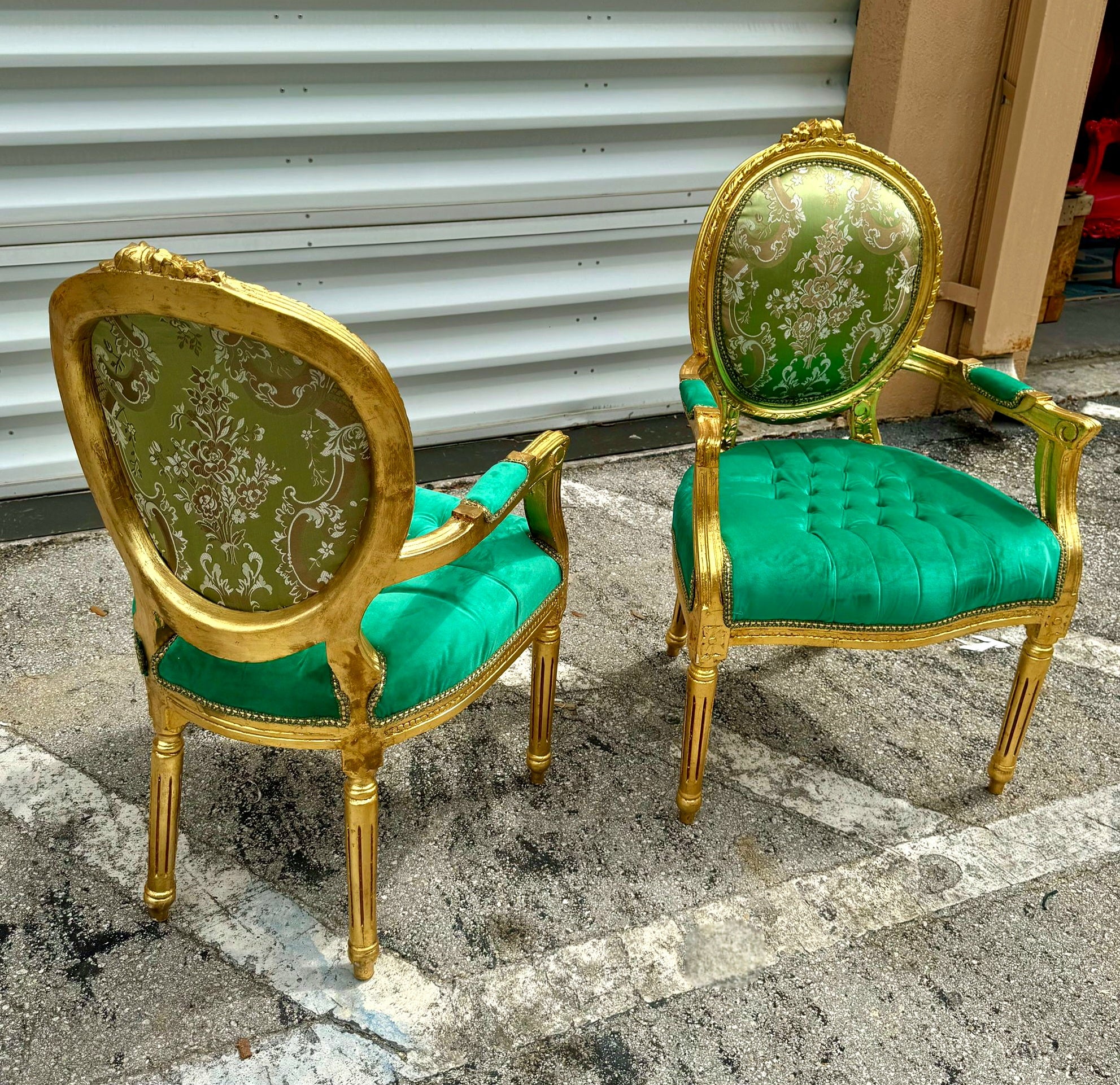 French Style Green Velvet Chair with Gold Details Rococo Baroque