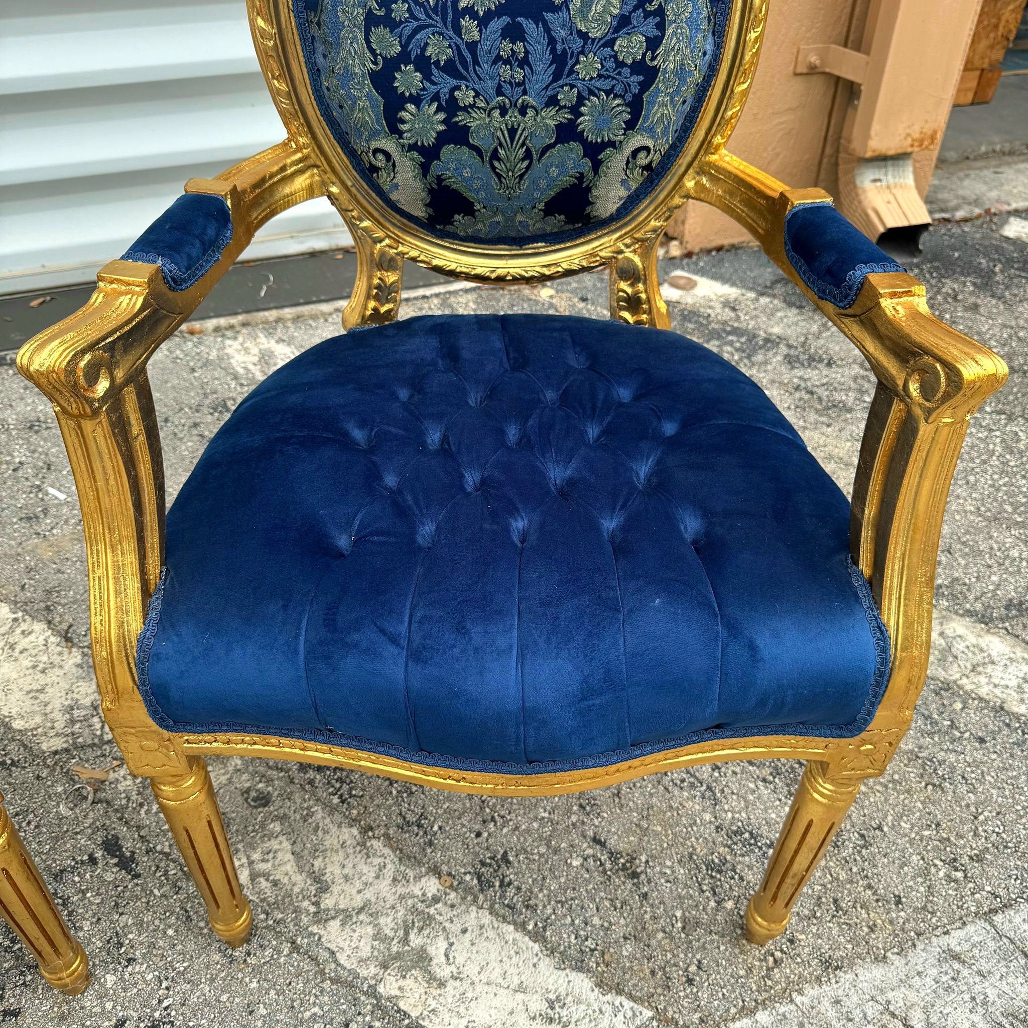 French Style Blue Velvet Chair with Gold Details Rococo Baroque
