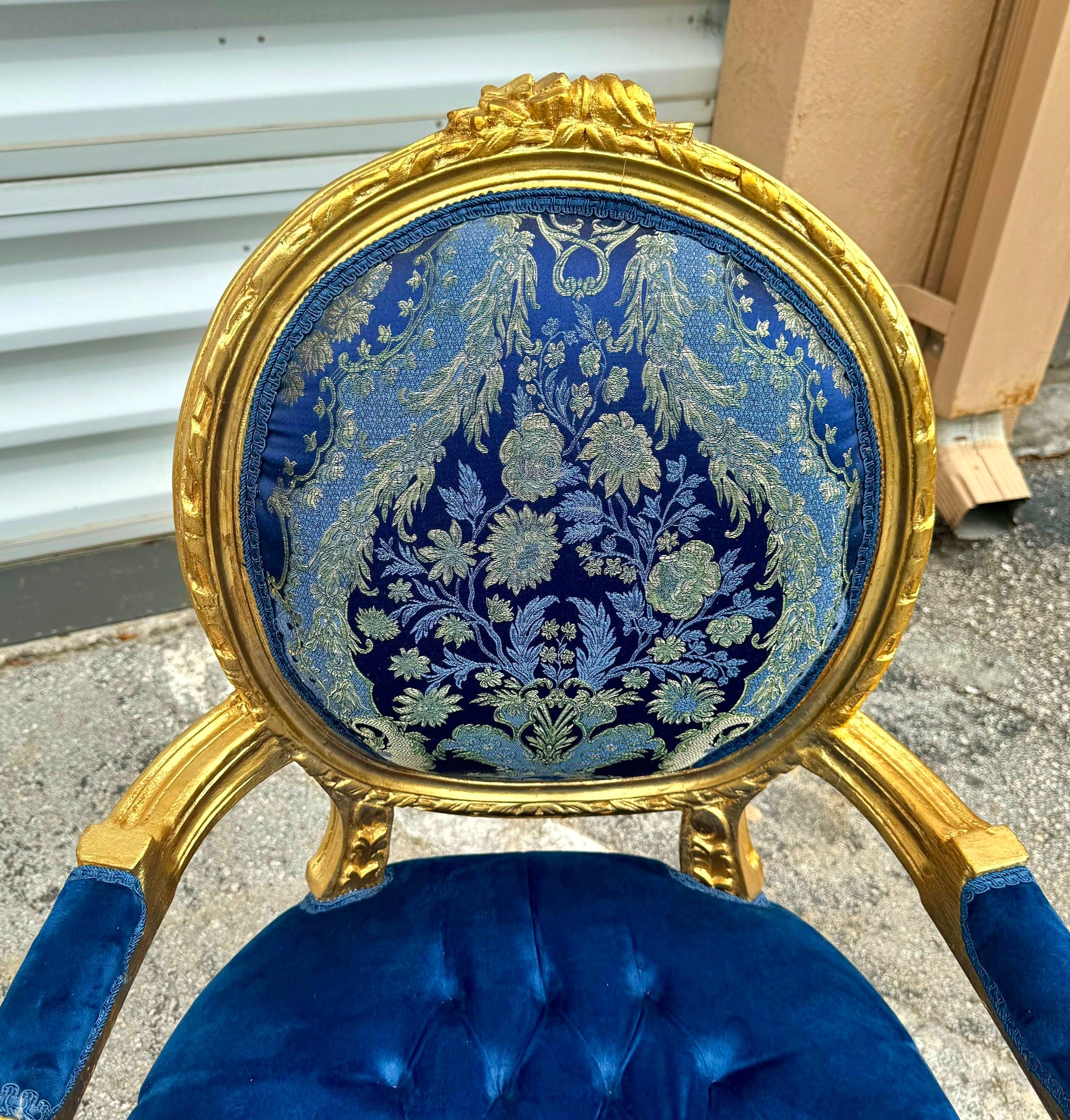 French Style Blue Velvet Chair with Gold Details Rococo Baroque