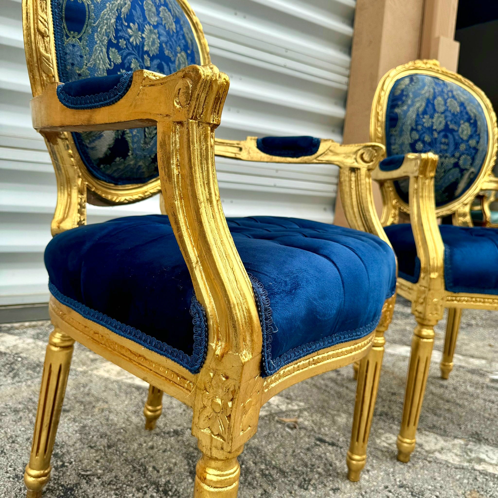 French Style Blue Velvet Chair with Gold Details Rococo Baroque
