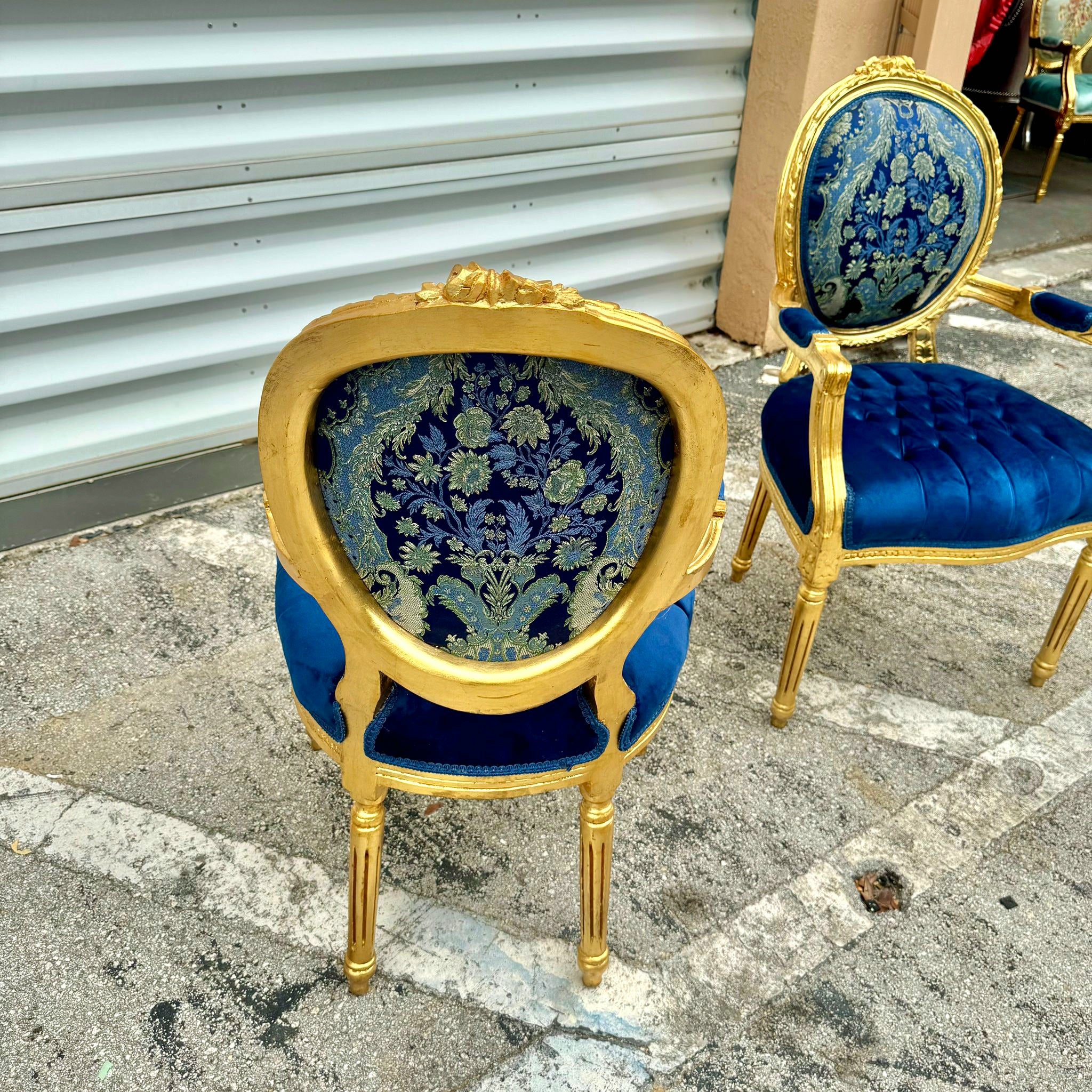 French Style Blue Velvet Chair with Gold Details Rococo Baroque