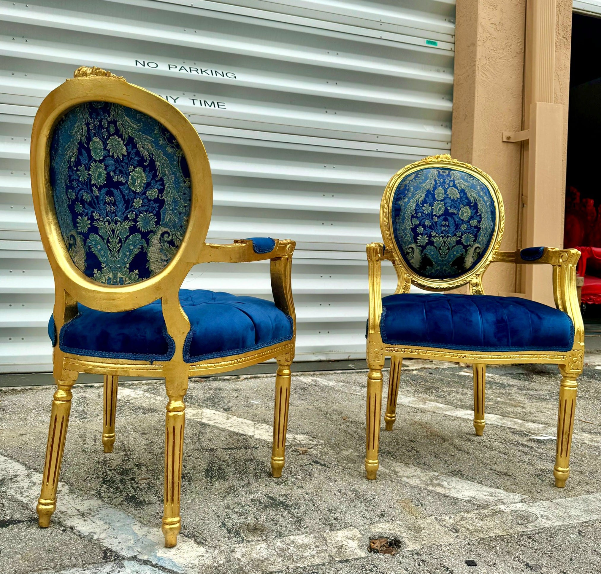 French Style Blue Velvet Chair with Gold Details Rococo Baroque