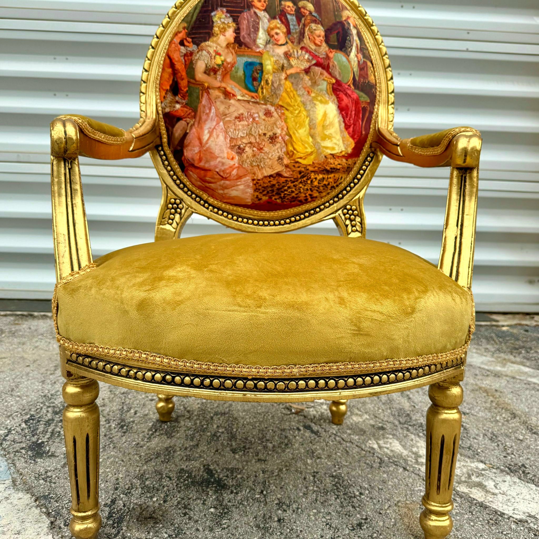 Mustard Velvet Chair with Gold Leaf Details French Style Rococo Baroque