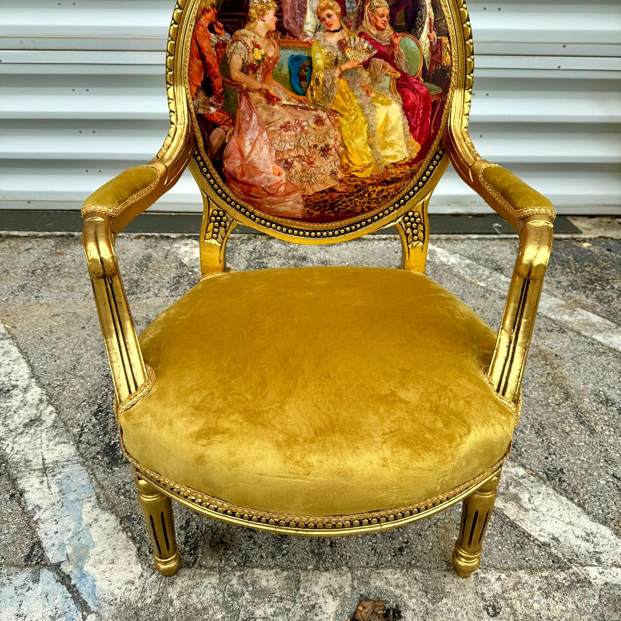 Mustard Velvet Chair with Gold Leaf Details French Style Rococo Baroque