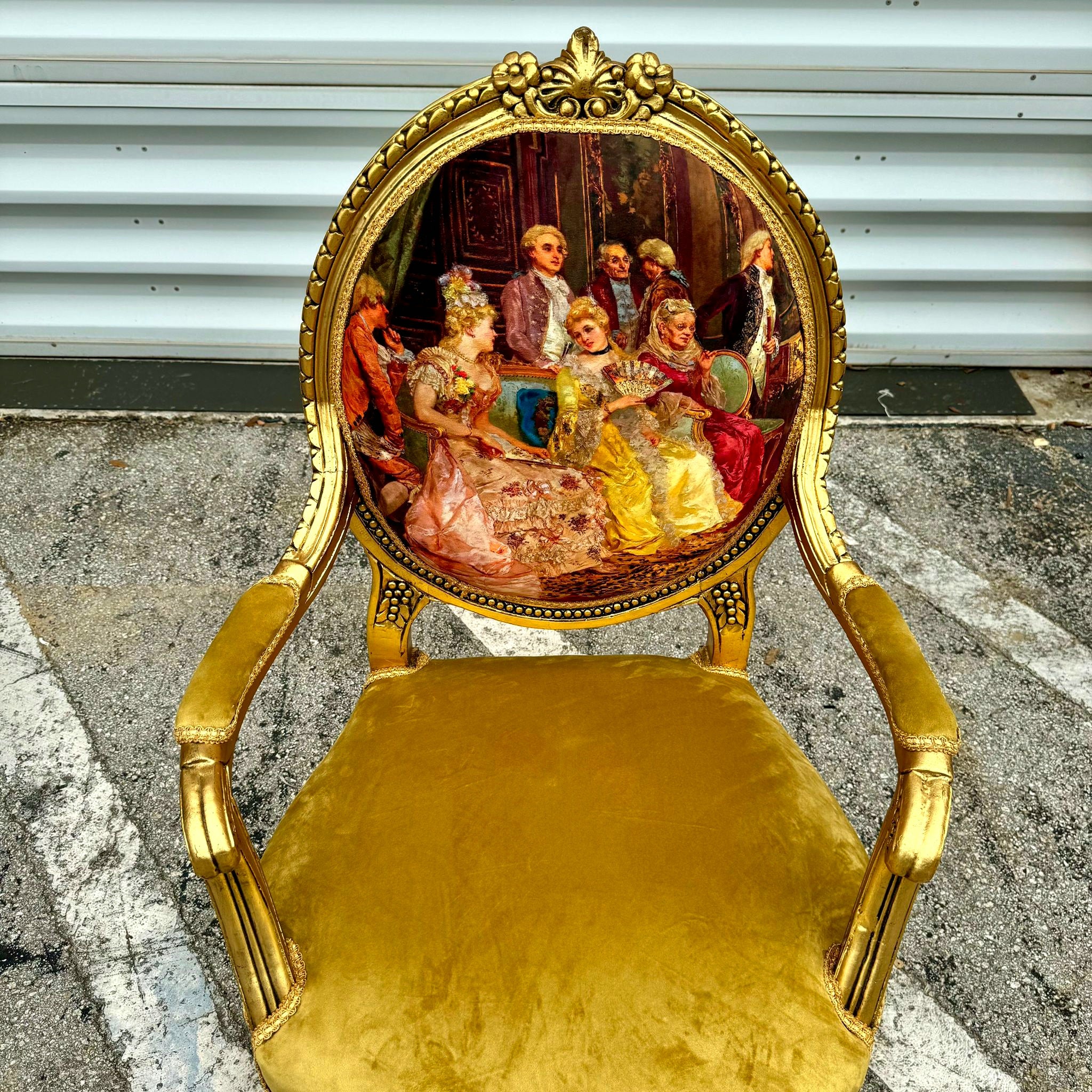Mustard Velvet Chair with Gold Leaf Details French Style Rococo Baroque