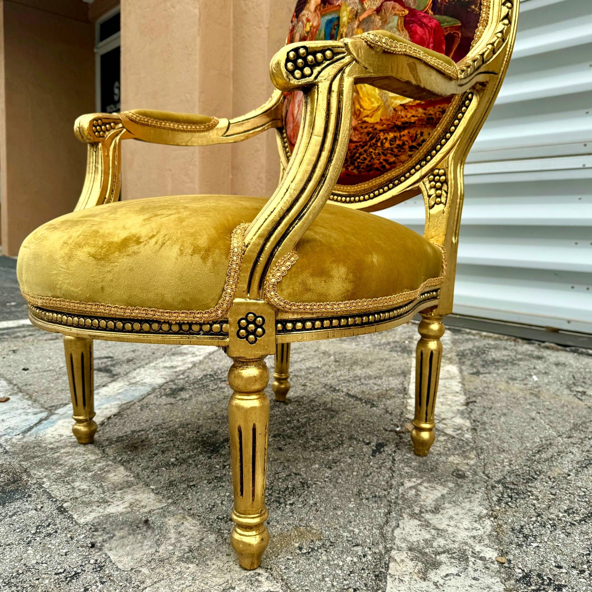 Mustard Velvet Chair with Gold Leaf Details French Style Rococo Baroque