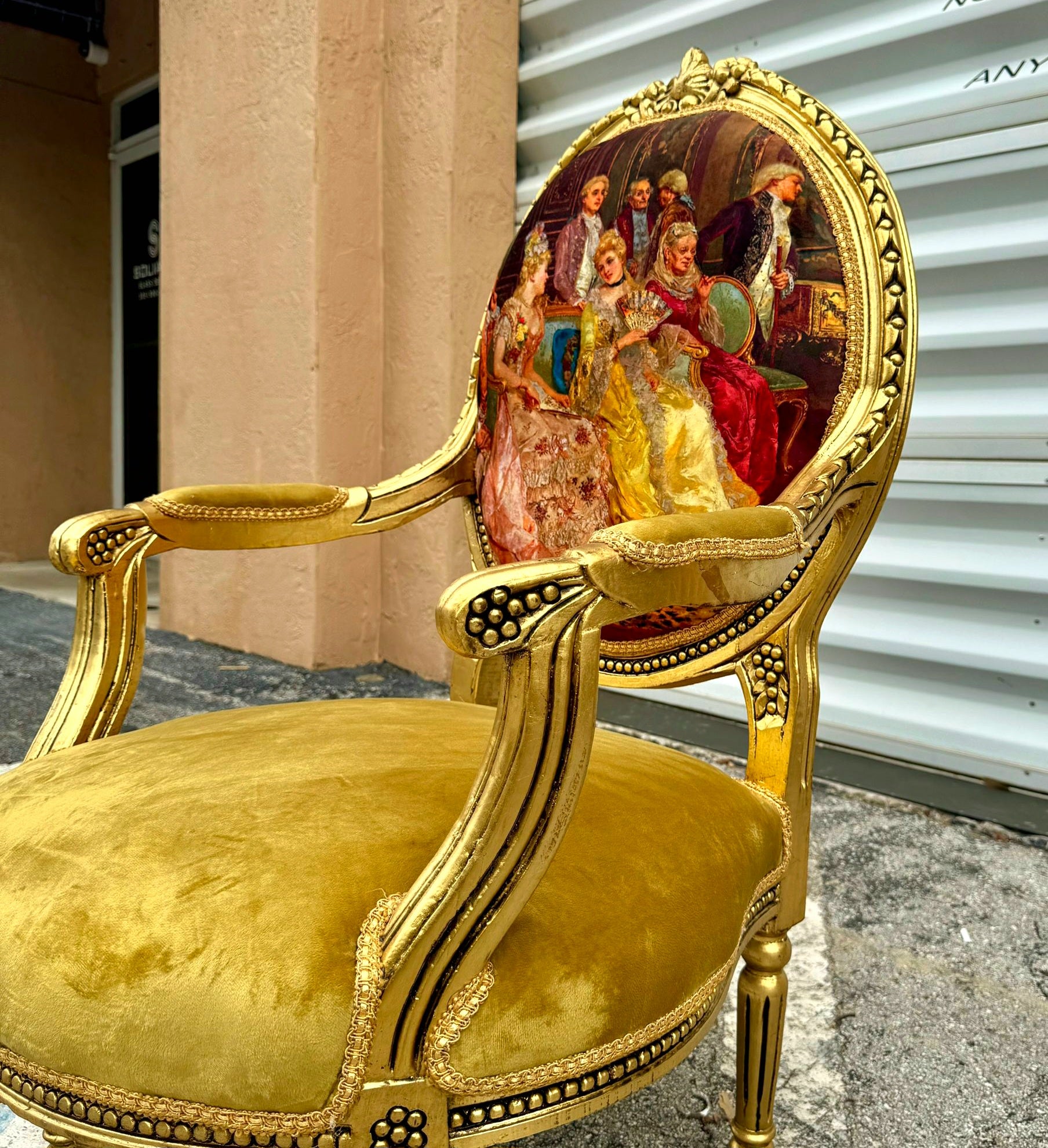 Mustard Velvet Chair with Gold Leaf Details French Style Rococo Baroque