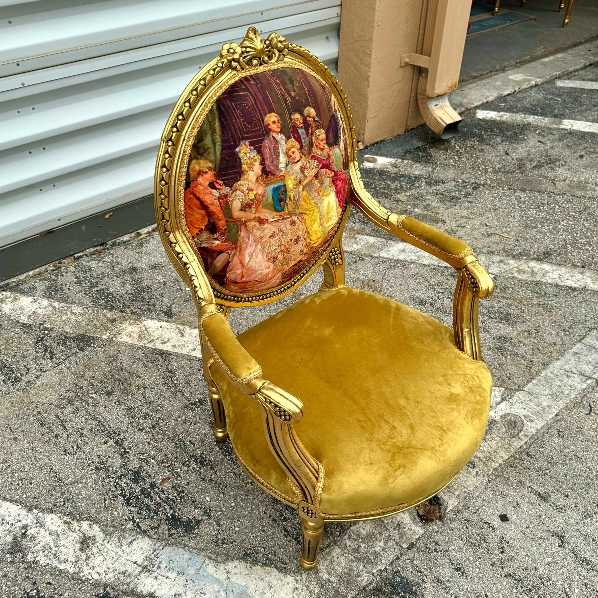 Mustard Velvet Chair with Gold Leaf Details French Style Rococo Baroque