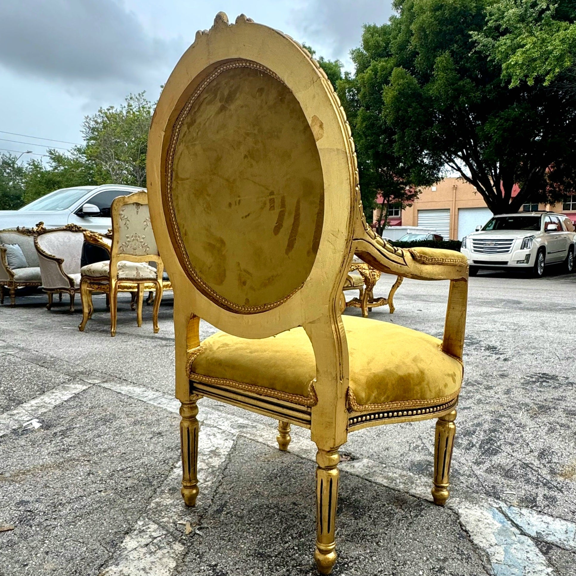 Mustard Velvet Chair with Gold Leaf Details French Style Rococo Baroque