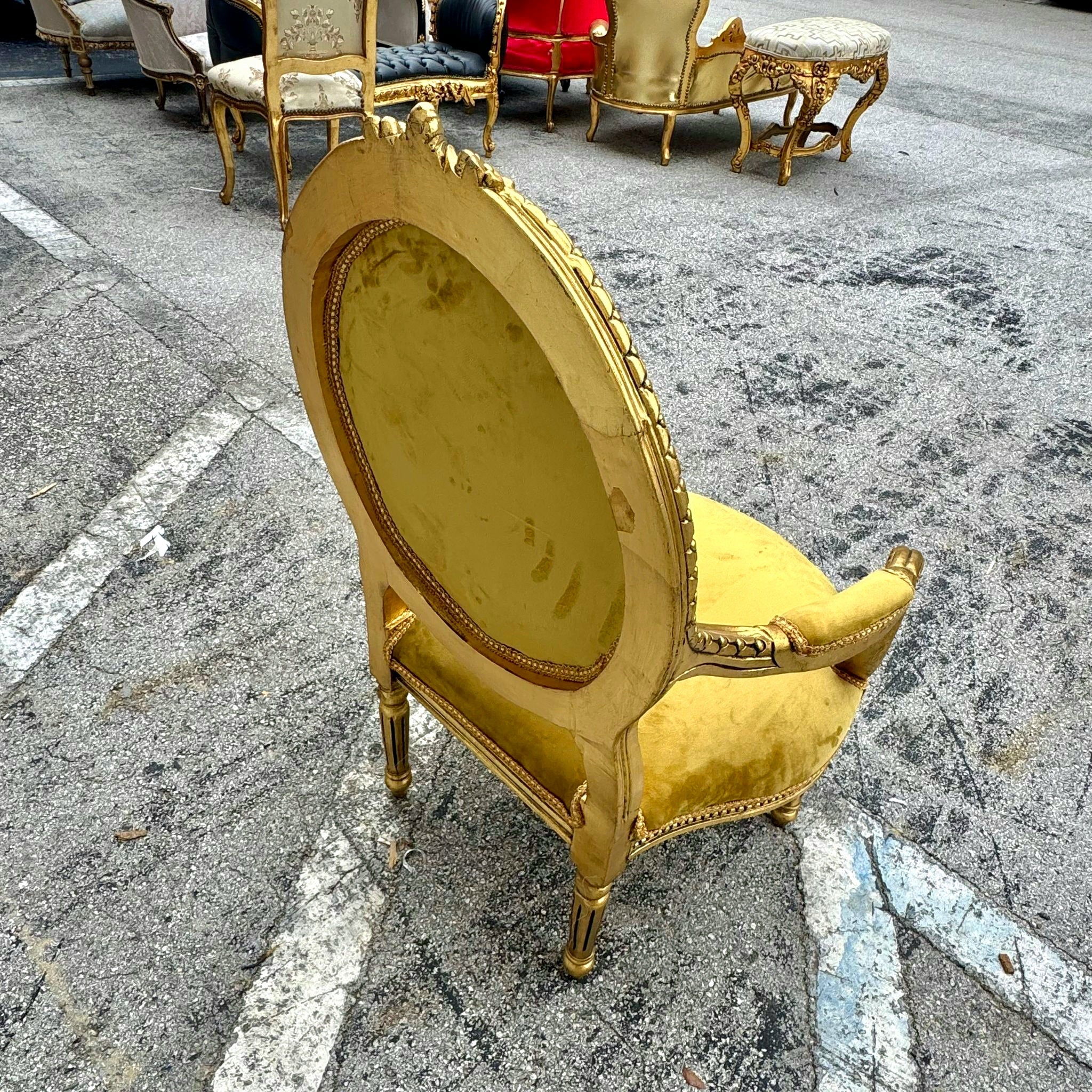 Mustard Velvet Chair with Gold Leaf Details French Style Rococo Baroque