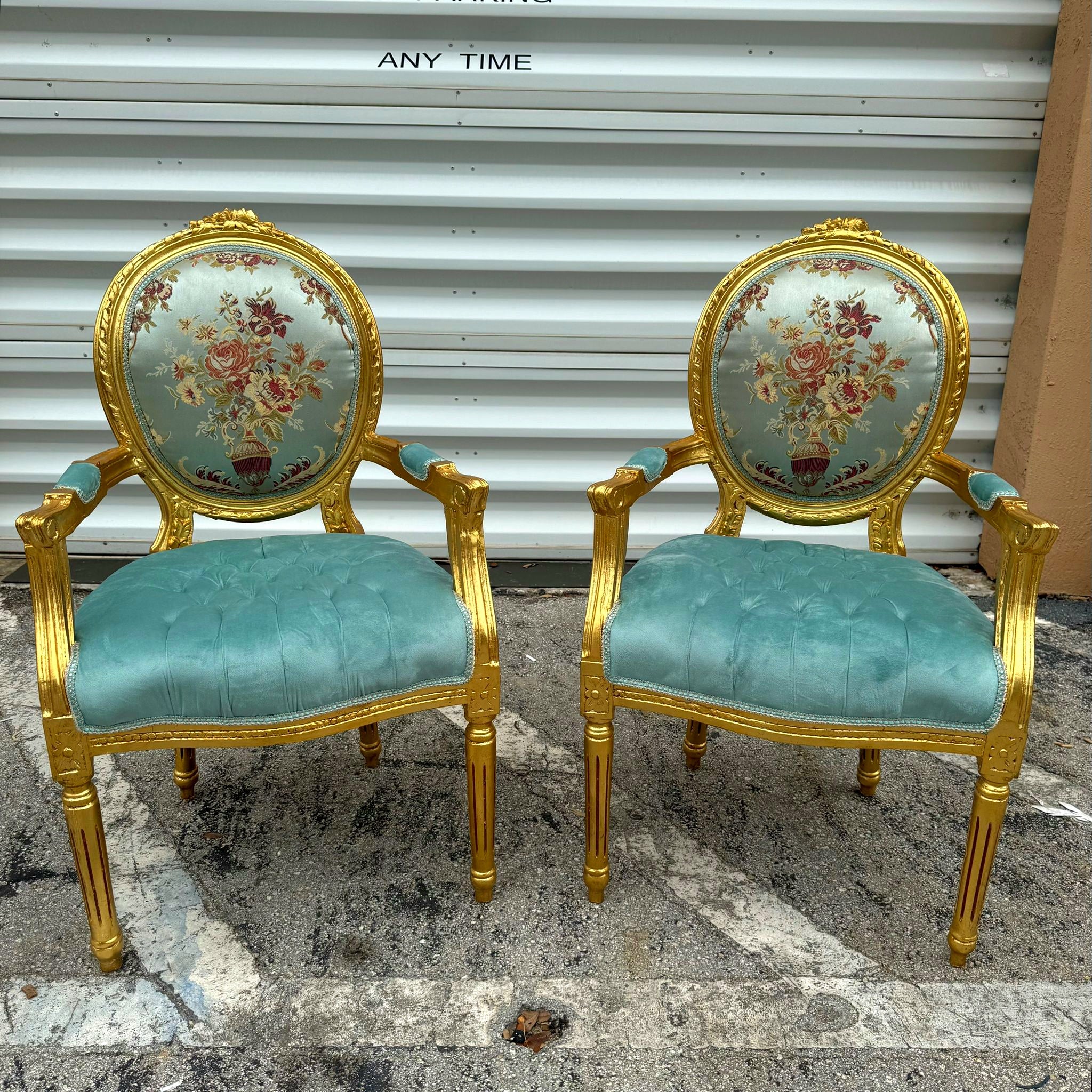 French Style Sky Blue Velvet Chair with Gold Details Rococo Baroque